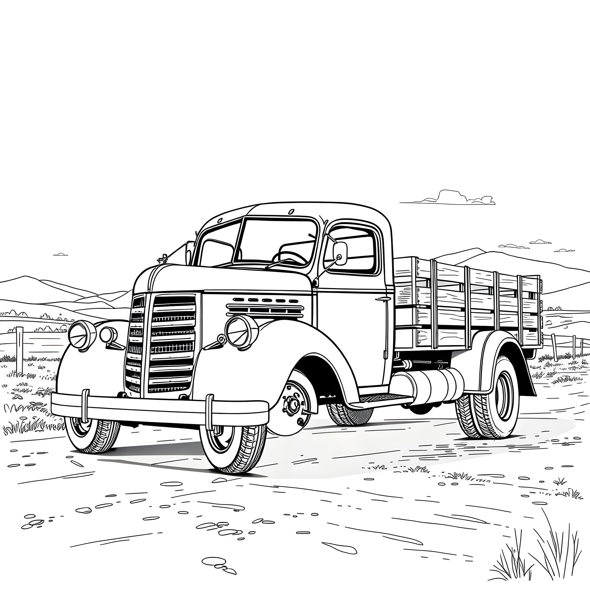 Truck hauling goods in rural landscape Coloring Page (free black-and-white line drawing printable PDF for all, from beginners to advanced learners, including children, teens, adults, and seniors)