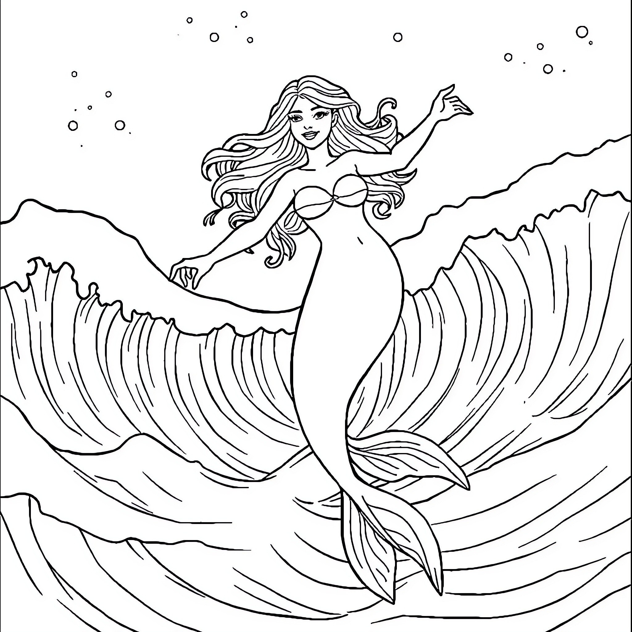 Mermaid swimming gracefully in the waves Coloring Page (free black-and-white line drawing printable PDF for all, from beginners to advanced learners, including children, teens, adults, and seniors)