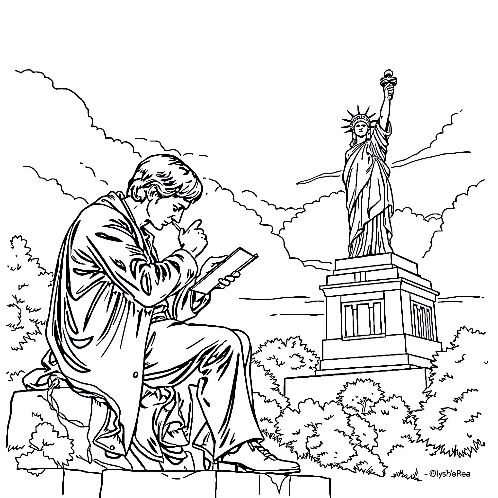 Thinker in contemplation before the Statue of Liberty Coloring Page (free black-and-white line drawing printable PDF for all, from beginners to advanced learners, including children, teens, adults, and seniors)