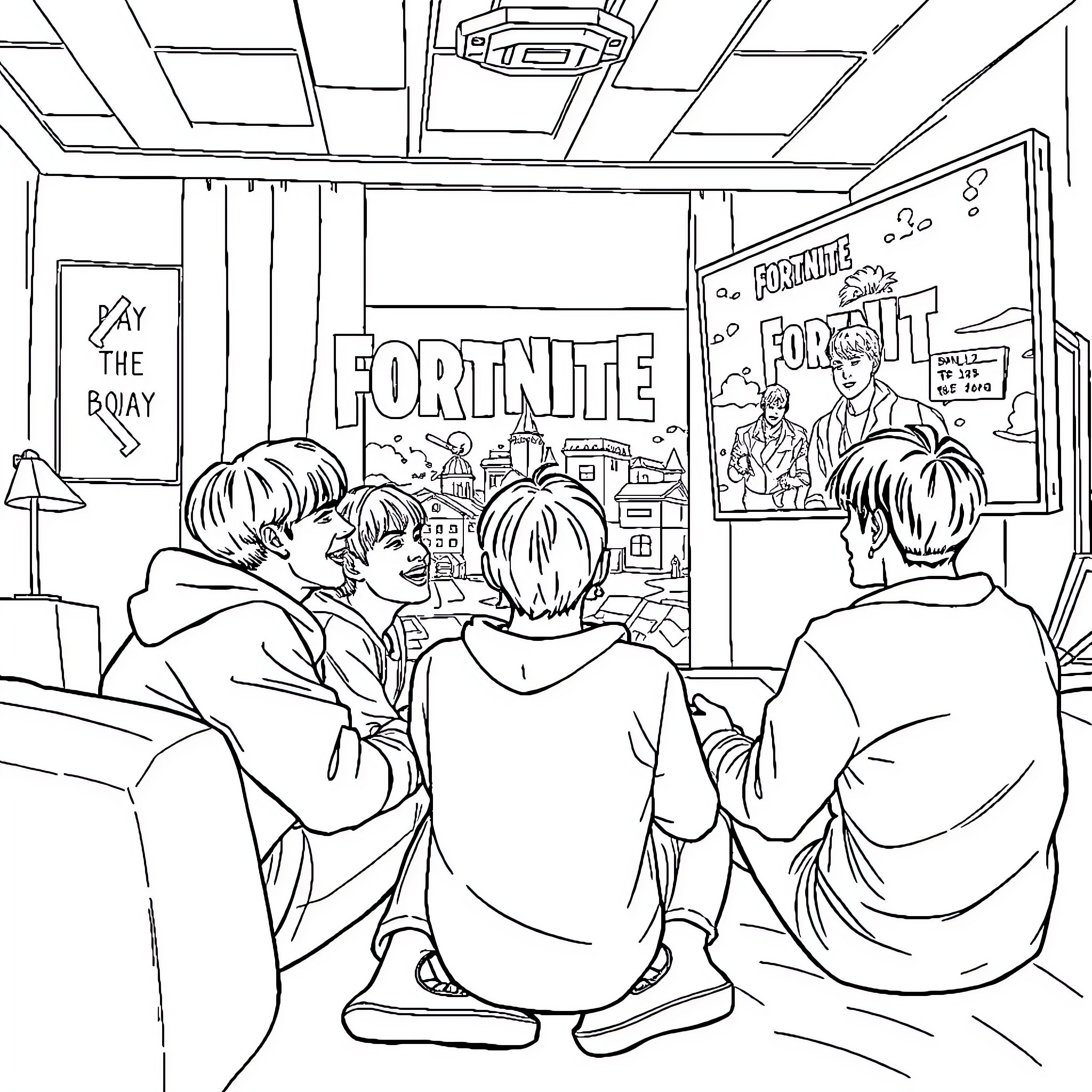 BTS Fans Enjoying Fortnite Game in Gaming Lounge Coloring Page (free black-and-white line drawing printable PDF for all, from beginners to advanced learners, including children, teens, adults, and seniors)