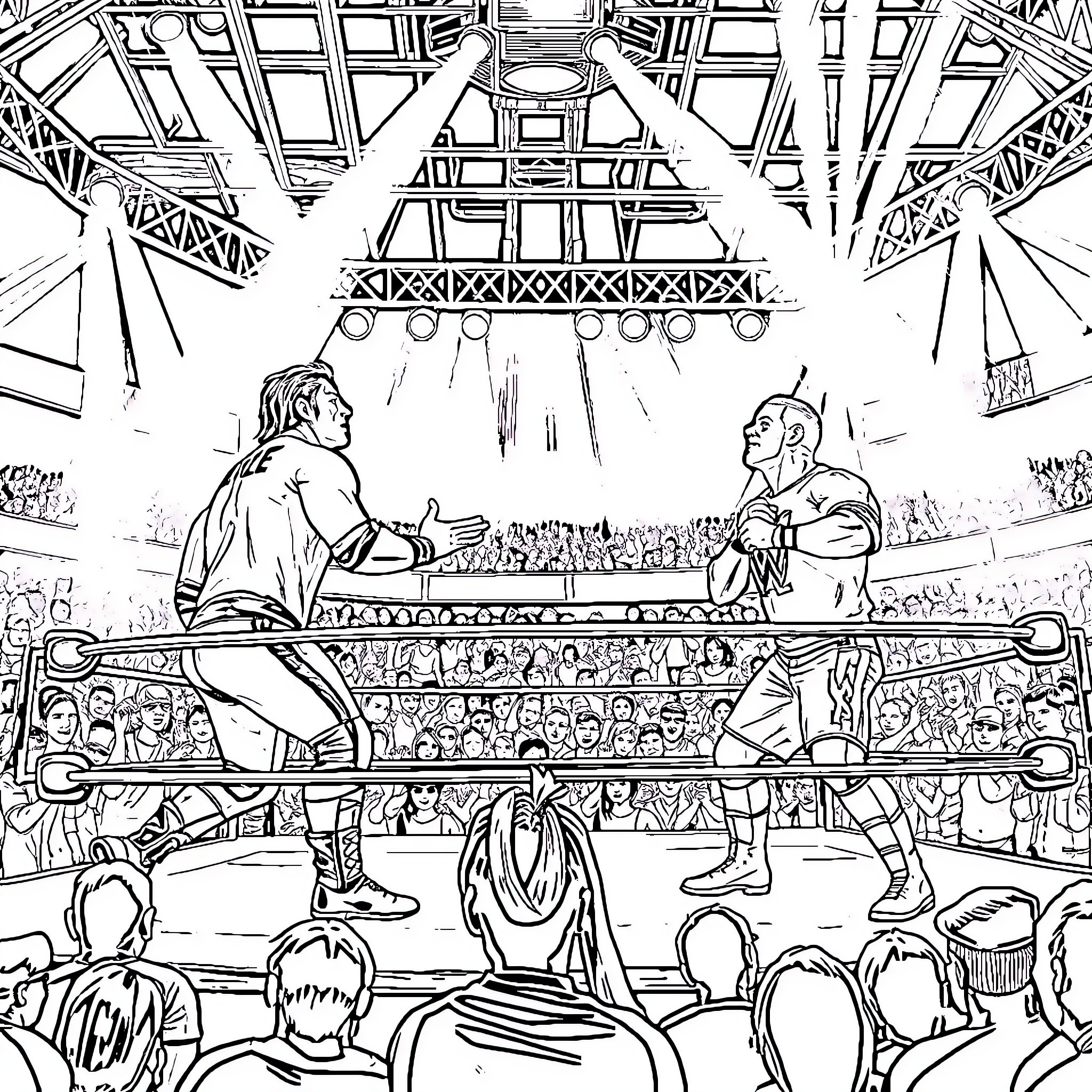 WWE Wrestlers in Heated Showdown on Packed Arena Stage Coloring Page (free black-and-white line drawing printable PDF for all, from beginners to advanced learners, including children, teens, adults, and seniors)