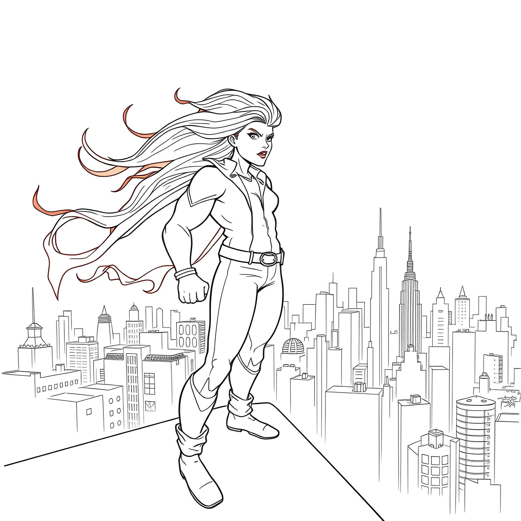 Ginger Revenger soaring over the city skyline Coloring Page (free black-and-white line drawing printable PDF for all, from beginners to advanced learners, including children, teens, adults, and seniors)