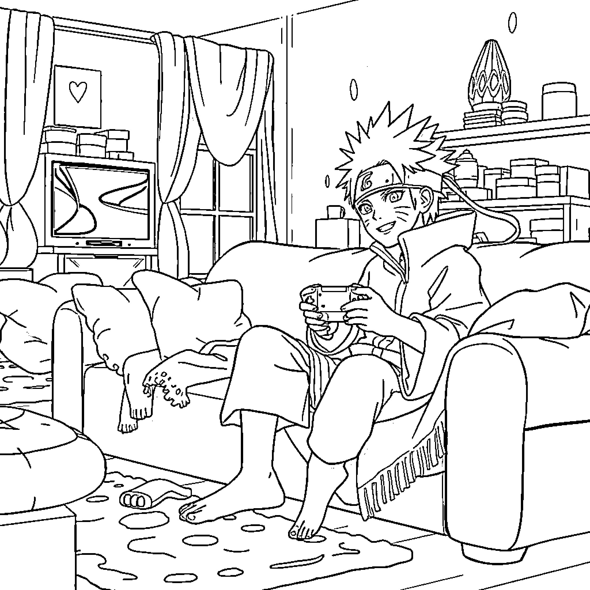 Gaara's Relaxed Day at Home Coloring Page (free black-and-white line drawing printable PDF for all, from beginners to advanced learners, including children, teens, adults, and seniors)