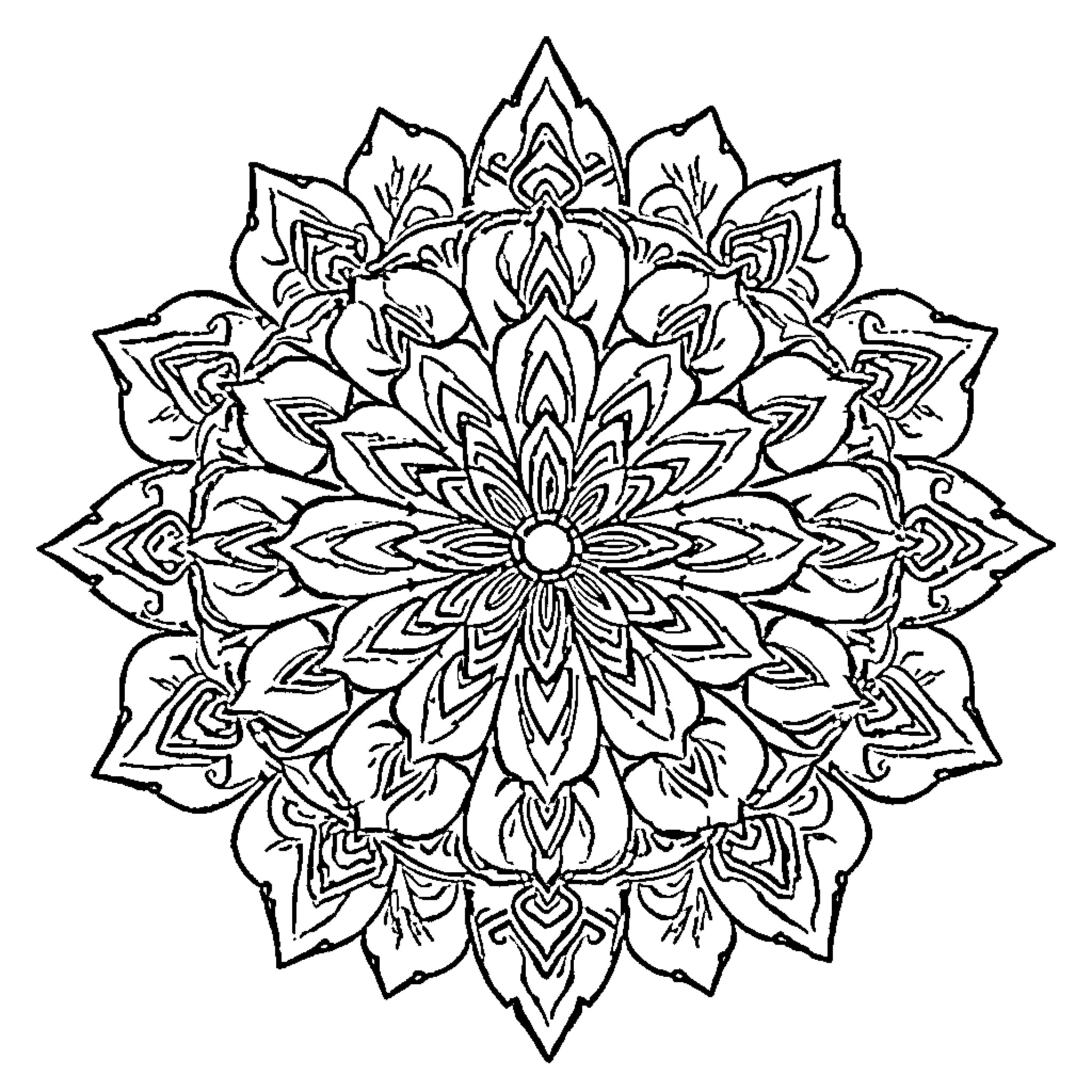 Flower Mandala Design with Intricate Patterns Coloring Page (free black-and-white line drawing printable PDF for all, from beginners to advanced learners, including children, teens, adults, and seniors)