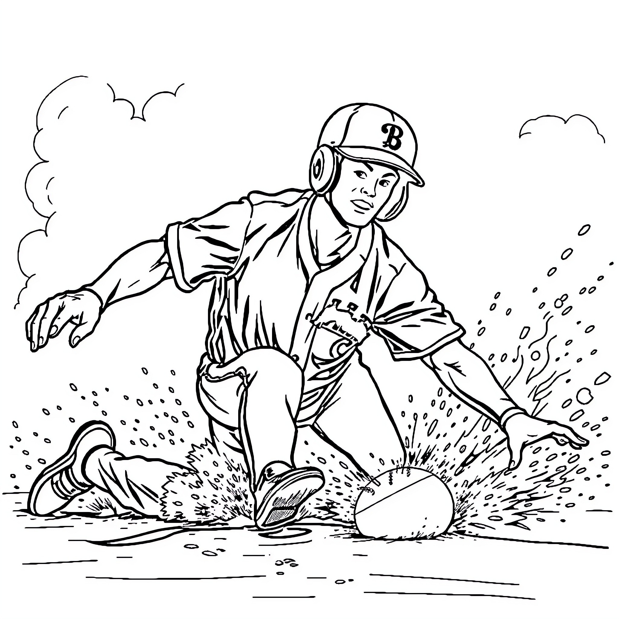 Baseball Player Sliding into Home Base Coloring Page (free black-and-white line drawing printable PDF for all, from beginners to advanced learners, including children, teens, adults, and seniors)