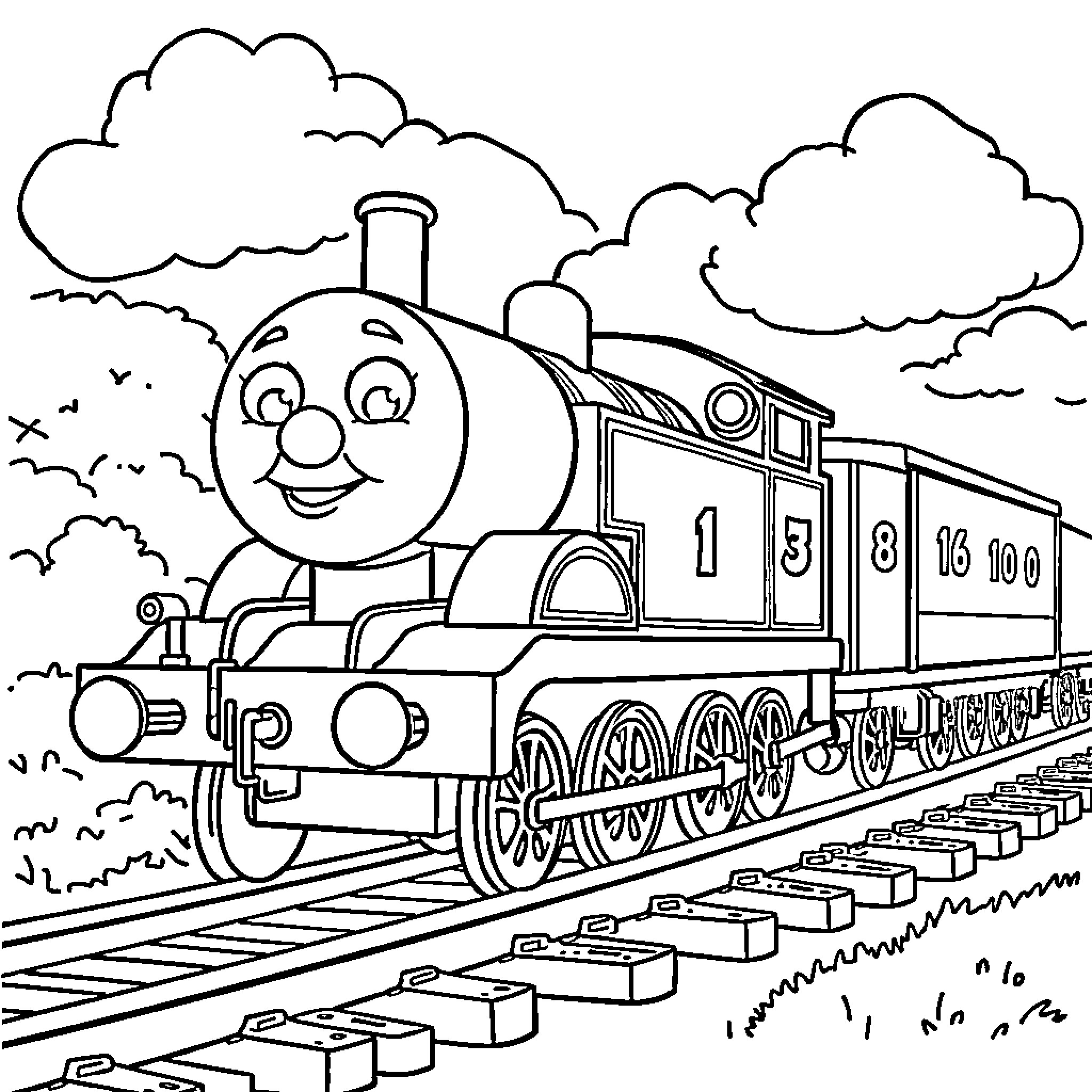 Thomas the Train Engine Happily Chugging Through the Clouds Coloring Page (free black-and-white line drawing printable PDF for all, from beginners to advanced learners, including children, teens, adults, and seniors)
