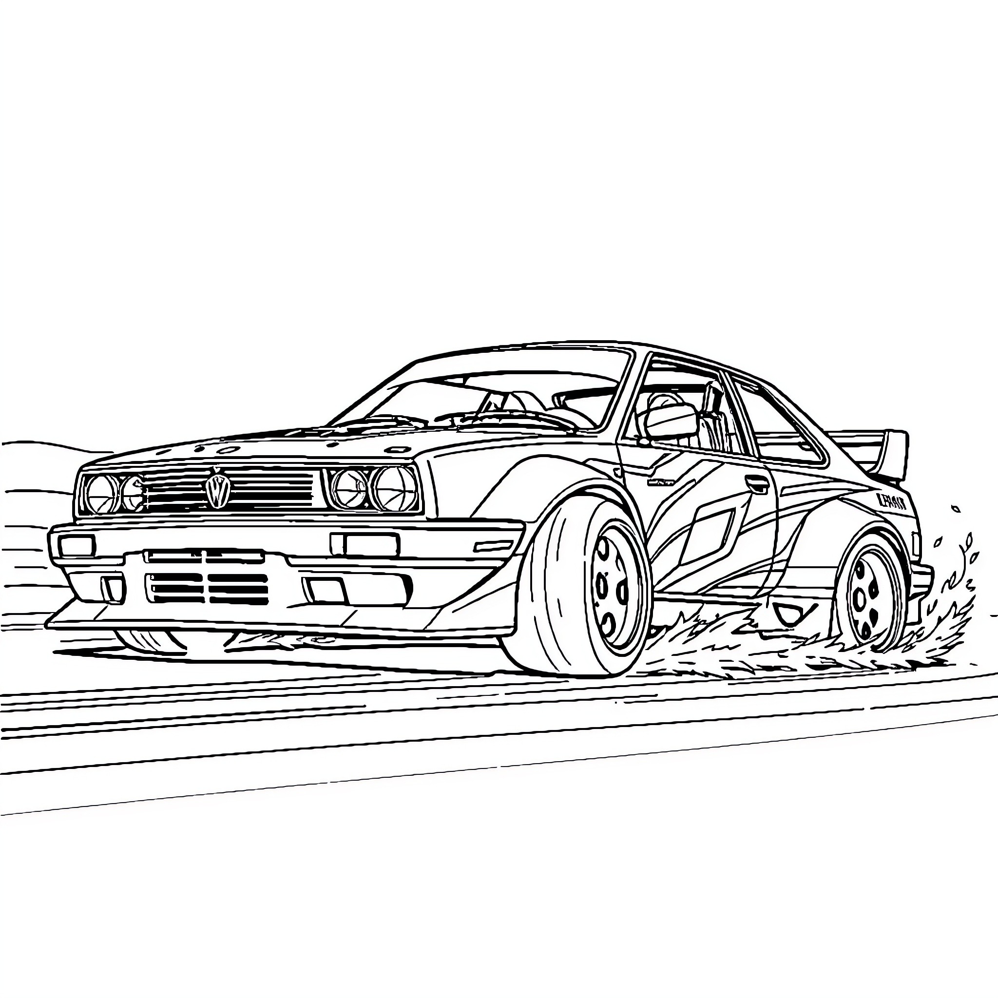 Drift Car Speeding on the Track Coloring Page (free black-and-white line drawing printable PDF for all, from beginners to advanced learners, including children, teens, adults, and seniors)