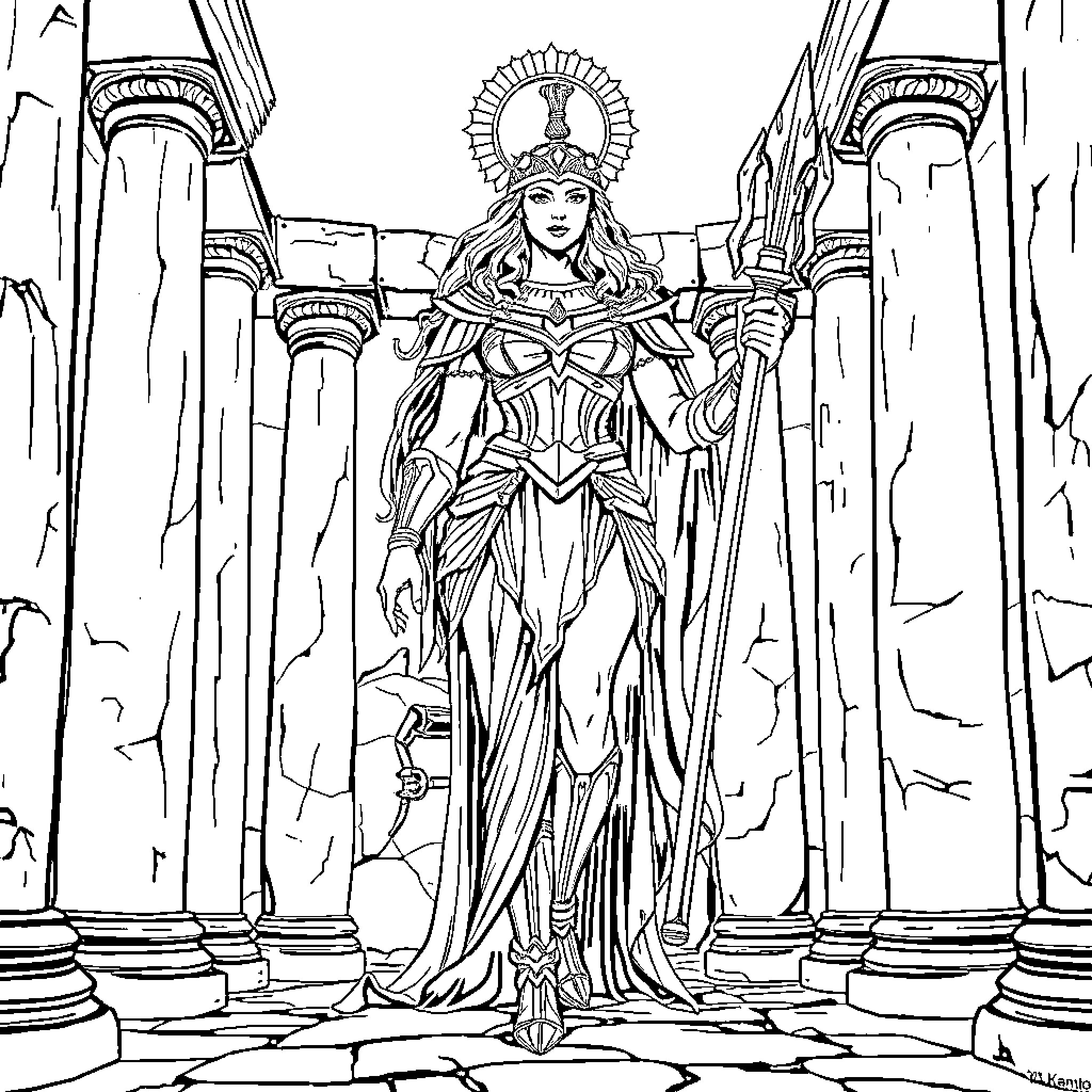 Athena, Goddess of Wisdom, Stands Proudly in Ancient Halls Coloring Page (free black-and-white line drawing printable PDF for all, from beginners to advanced learners, including children, teens, adults, and seniors)