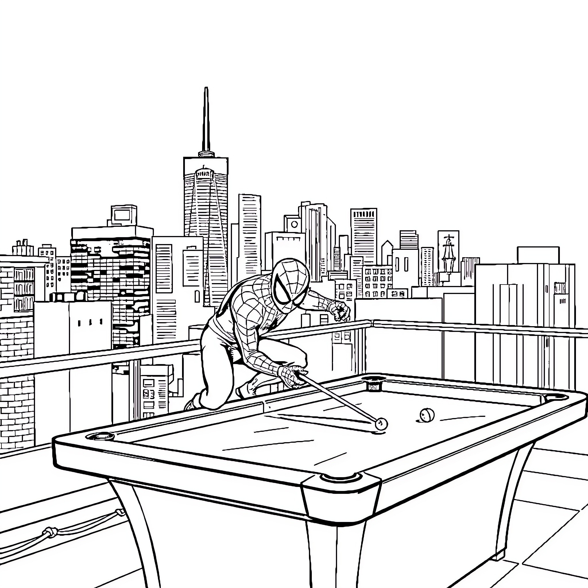 Spiderman playing pool on a rooftop with city skyline Coloring Page (free black-and-white line drawing printable PDF for all, from beginners to advanced learners, including children, teens, adults, and seniors)