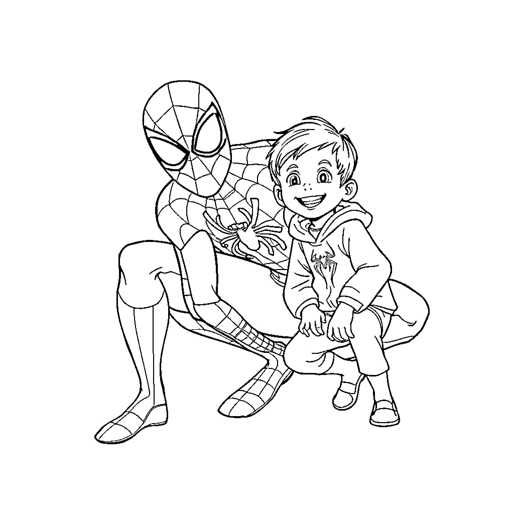 Spiderman helping a young boy Coloring Page (free black-and-white line drawing printable PDF for all, from beginners to advanced learners, including children, teens, adults, and seniors)