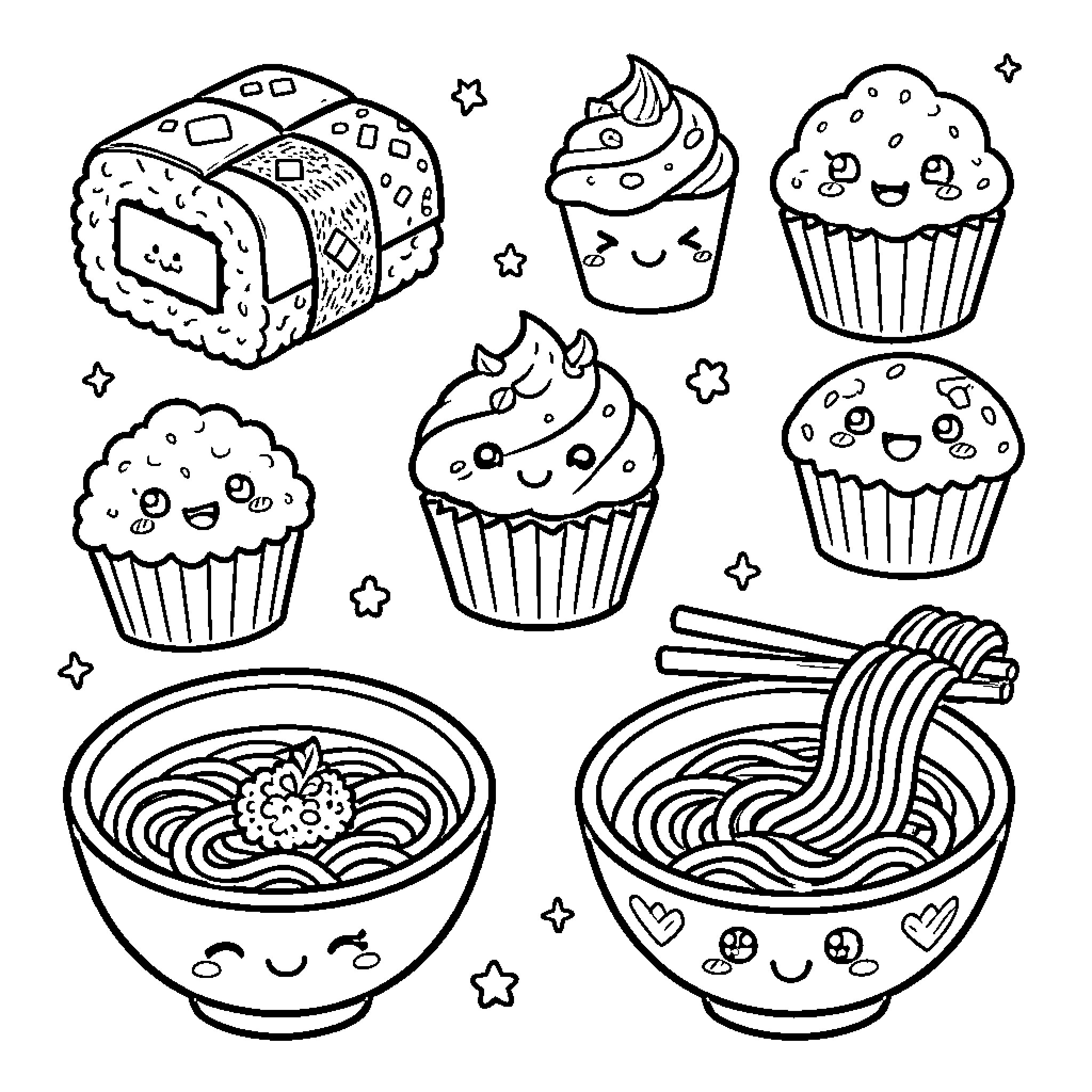 Food items with cute expressions and designs Coloring Page (free black-and-white line drawing printable PDF for all, from beginners to advanced learners, including children, teens, adults, and seniors)