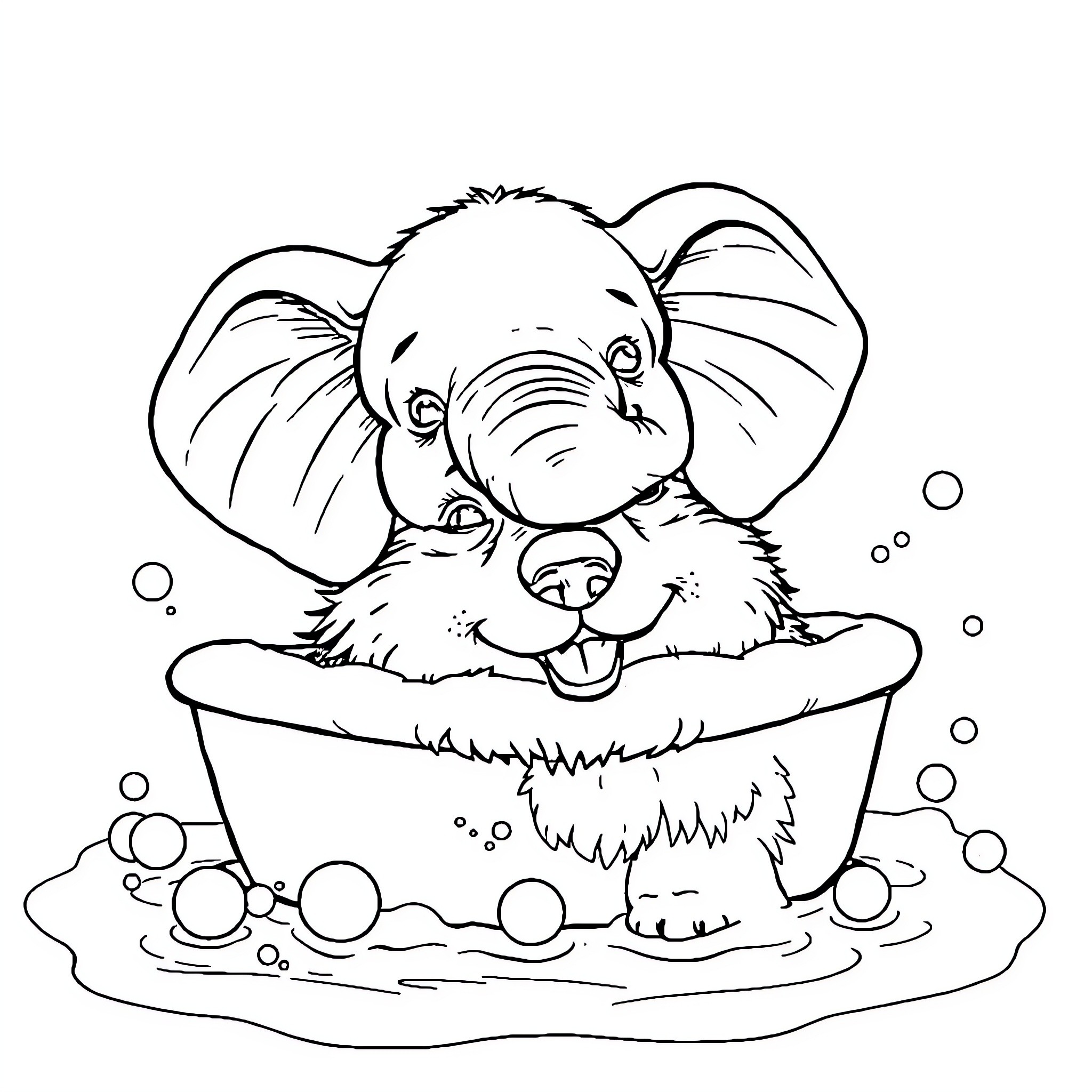 Elephant enjoying a relaxing bath in the tub Coloring Page (free black-and-white line drawing printable PDF for all, from beginners to advanced learners, including children, teens, adults, and seniors)