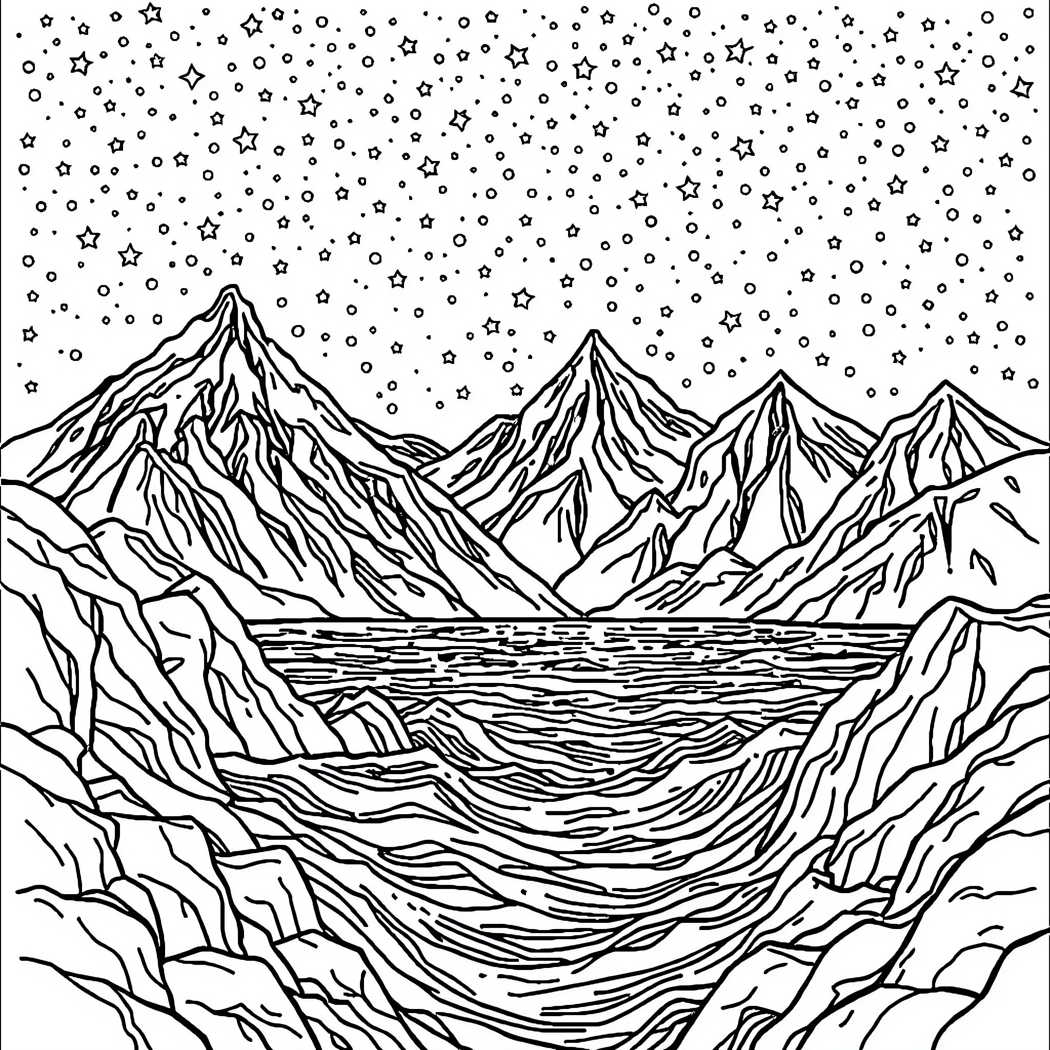 Creation of a Serene Mountain Landscape Coloring Page (free black-and-white line drawing printable PDF for all, from beginners to advanced learners, including children, teens, adults, and seniors)