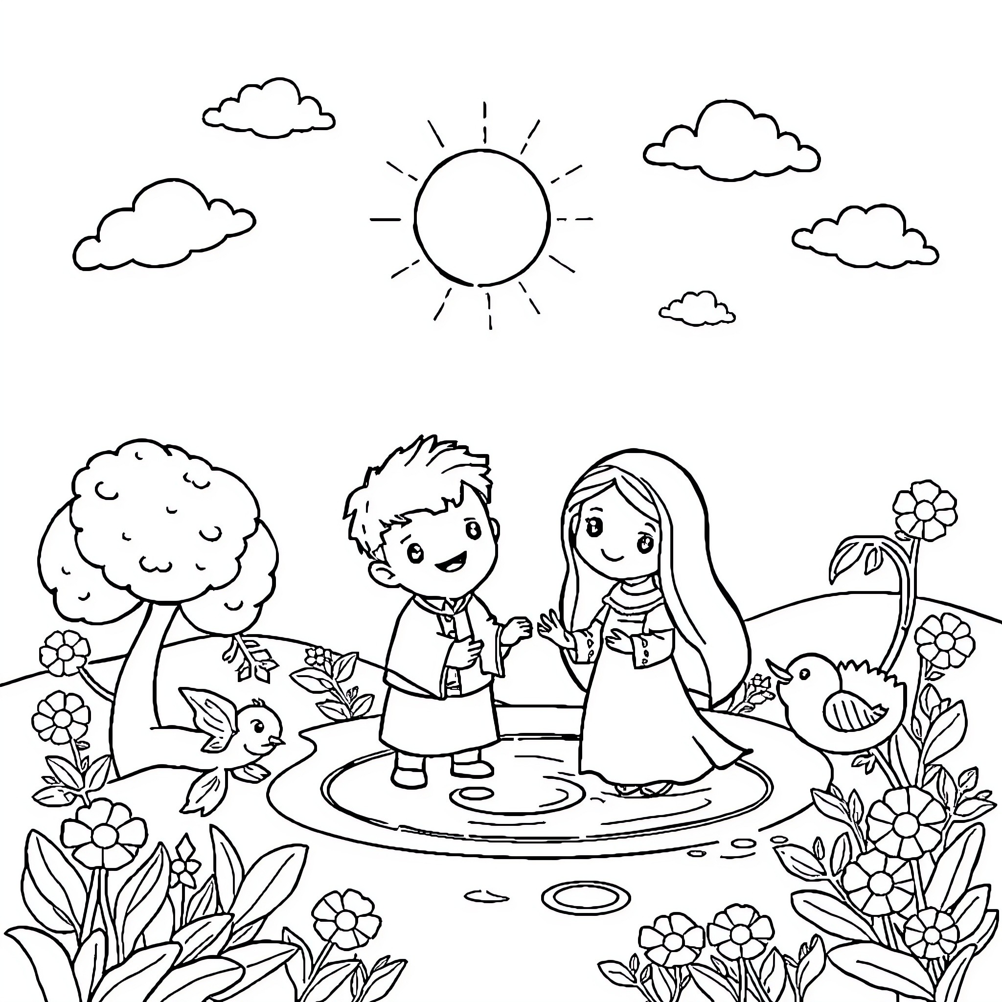 Creation of a Joyful Nature Scene Coloring Page (free black-and-white line drawing printable PDF for all, from beginners to advanced learners, including children, teens, adults, and seniors)