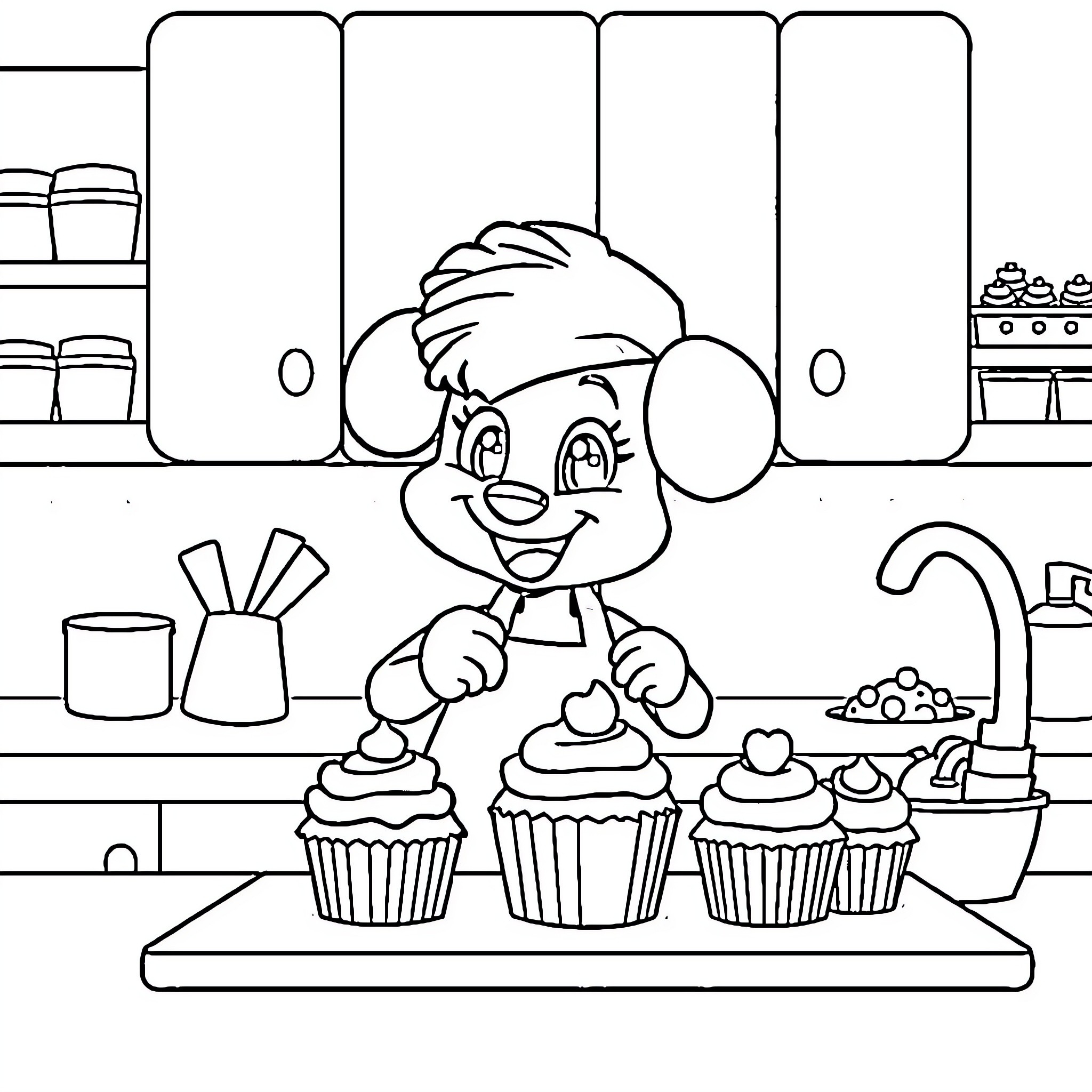 Bluey baking cupcakes in the kitchen Coloring Page (free black-and-white line drawing printable PDF for all, from beginners to advanced learners, including children, teens, adults, and seniors)