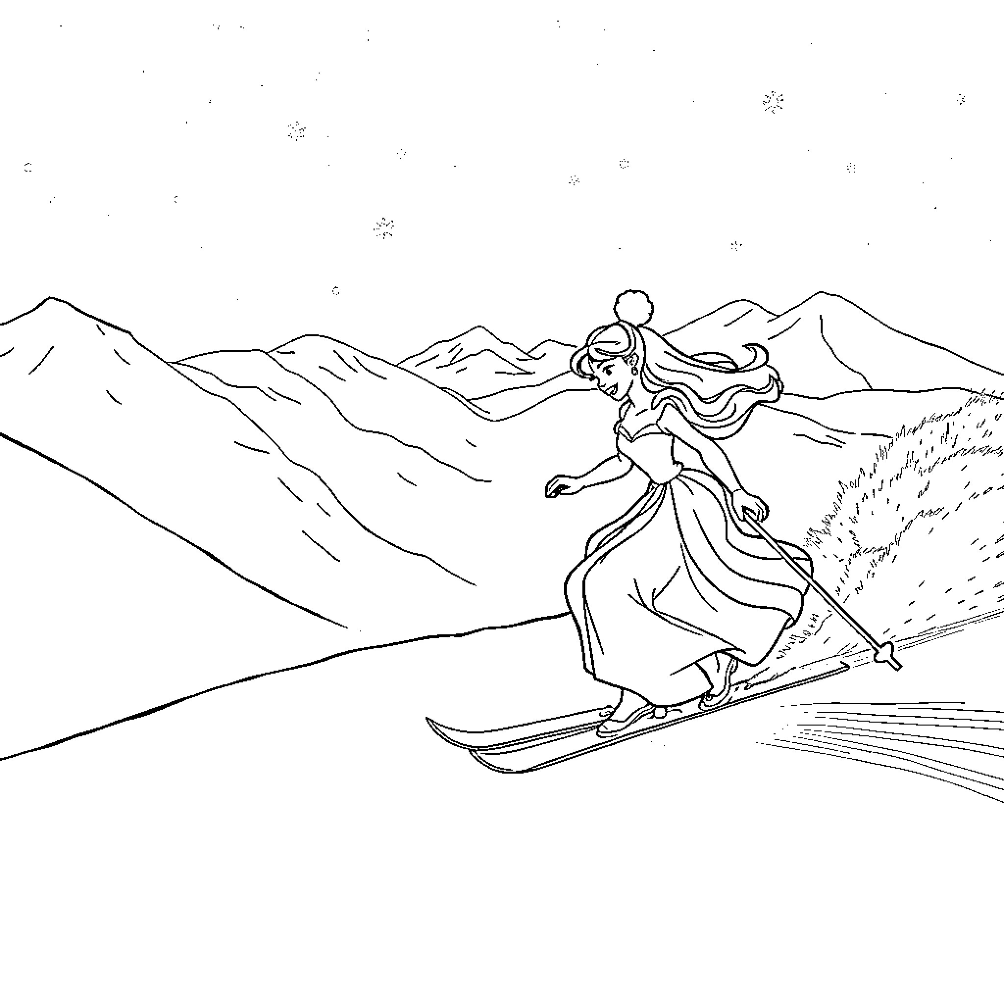 Cinderella skiing gracefully through the snowy mountains Coloring Page (free black-and-white line drawing printable PDF for all, from beginners to advanced learners, including children, teens, adults, and seniors)