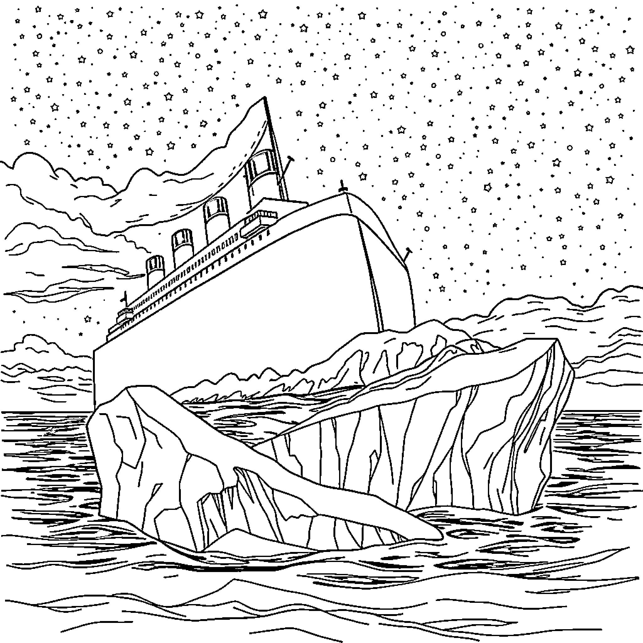 Titanic sinking in the night amid icebergs Coloring Page (free black-and-white line drawing printable PDF for all, from beginners to advanced learners, including children, teens, adults, and seniors)