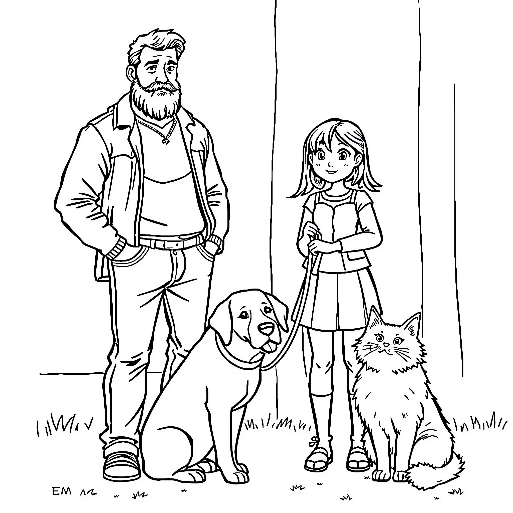 Man with family and pets in outdoor scene Coloring Page (free black-and-white line drawing printable PDF for all, from beginners to advanced learners, including children, teens, adults, and seniors)