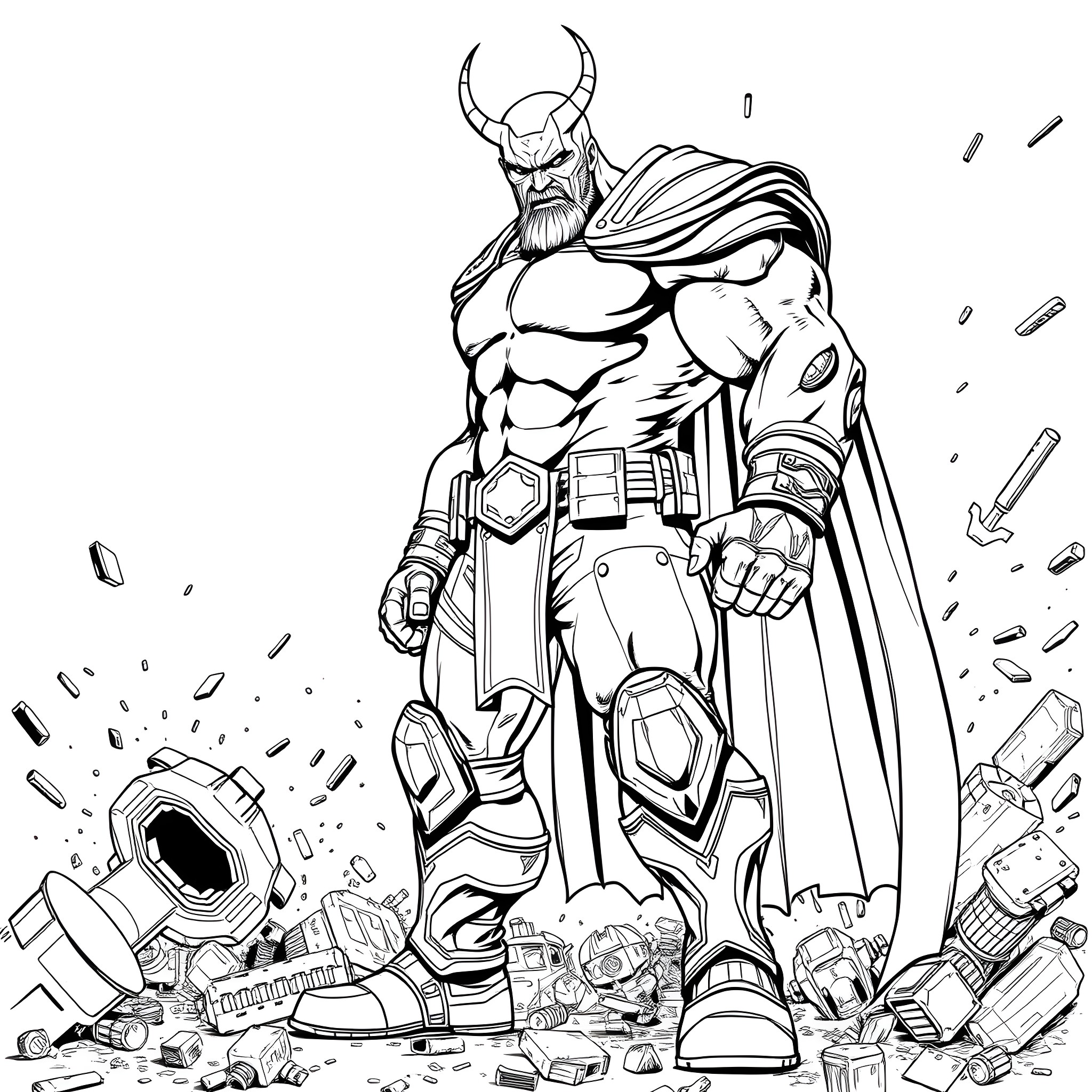 Nuke Battle: Powerful Warrior Stands Amidst Destruction Coloring Page (free black-and-white line drawing printable PDF for all, from beginners to advanced learners, including children, teens, adults, and seniors)