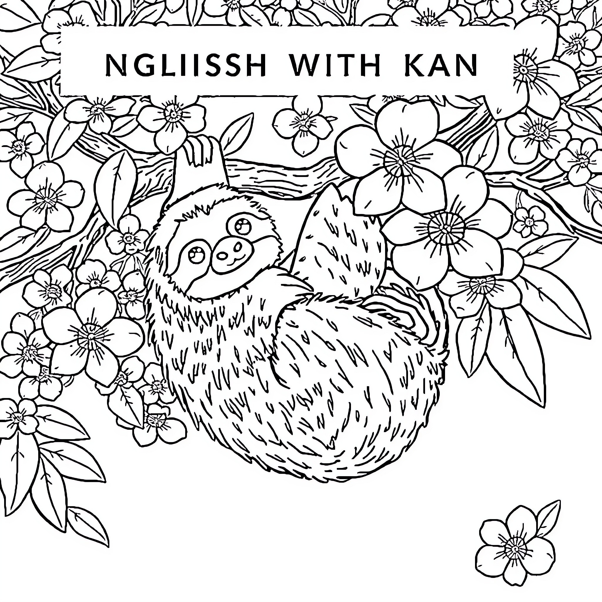 Sloth relaxing amongst the flowers Coloring Page (free black-and-white line drawing printable PDF for all, from beginners to advanced learners, including children, teens, adults, and seniors)
