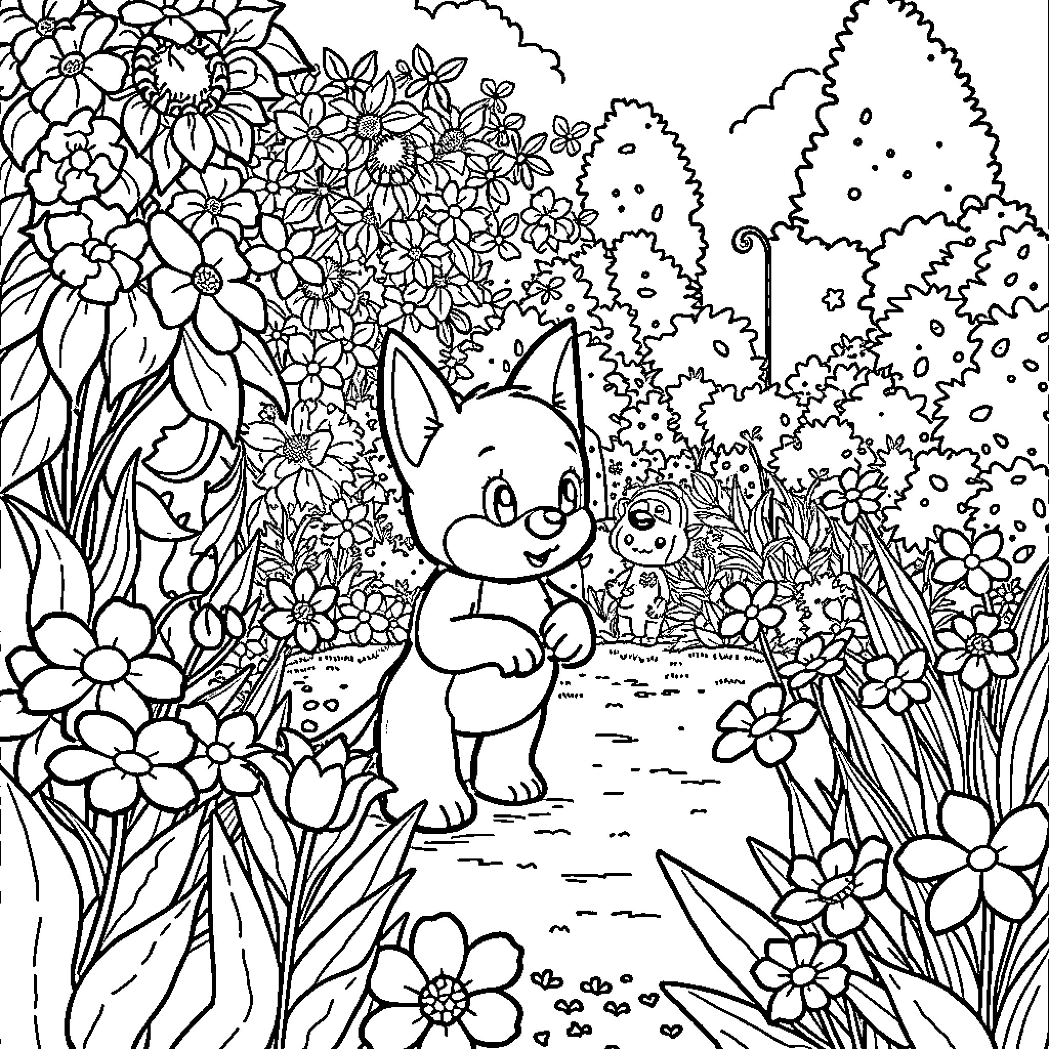 Bluey enjoying a floral adventure in the garden Coloring Page (free black-and-white line drawing printable PDF for all, from beginners to advanced learners, including children, teens, adults, and seniors)