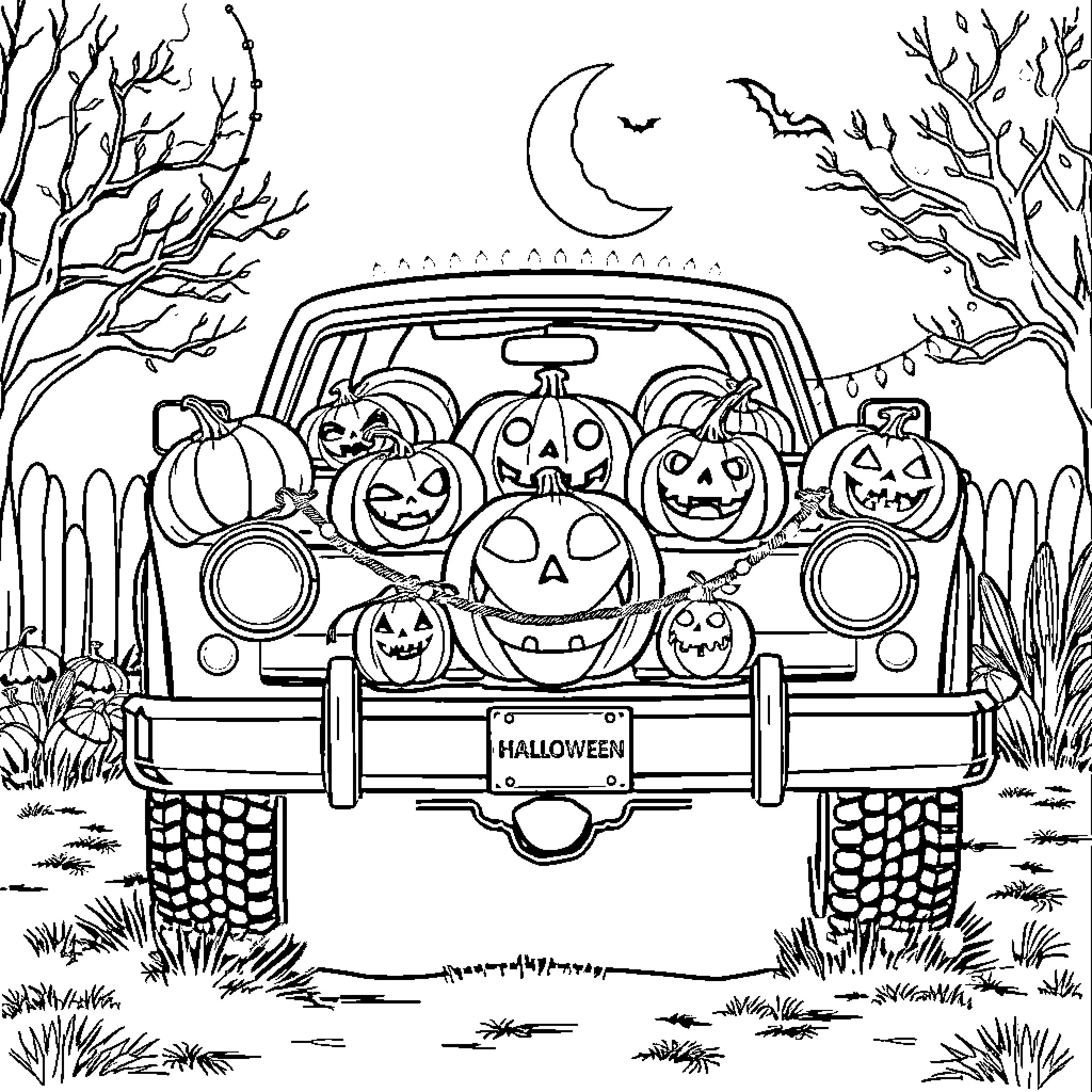 Pickup Truck carrying Halloween pumpkins on a spooky night Coloring Page (free black-and-white line drawing printable PDF for all, from beginners to advanced learners, including children, teens, adults, and seniors)