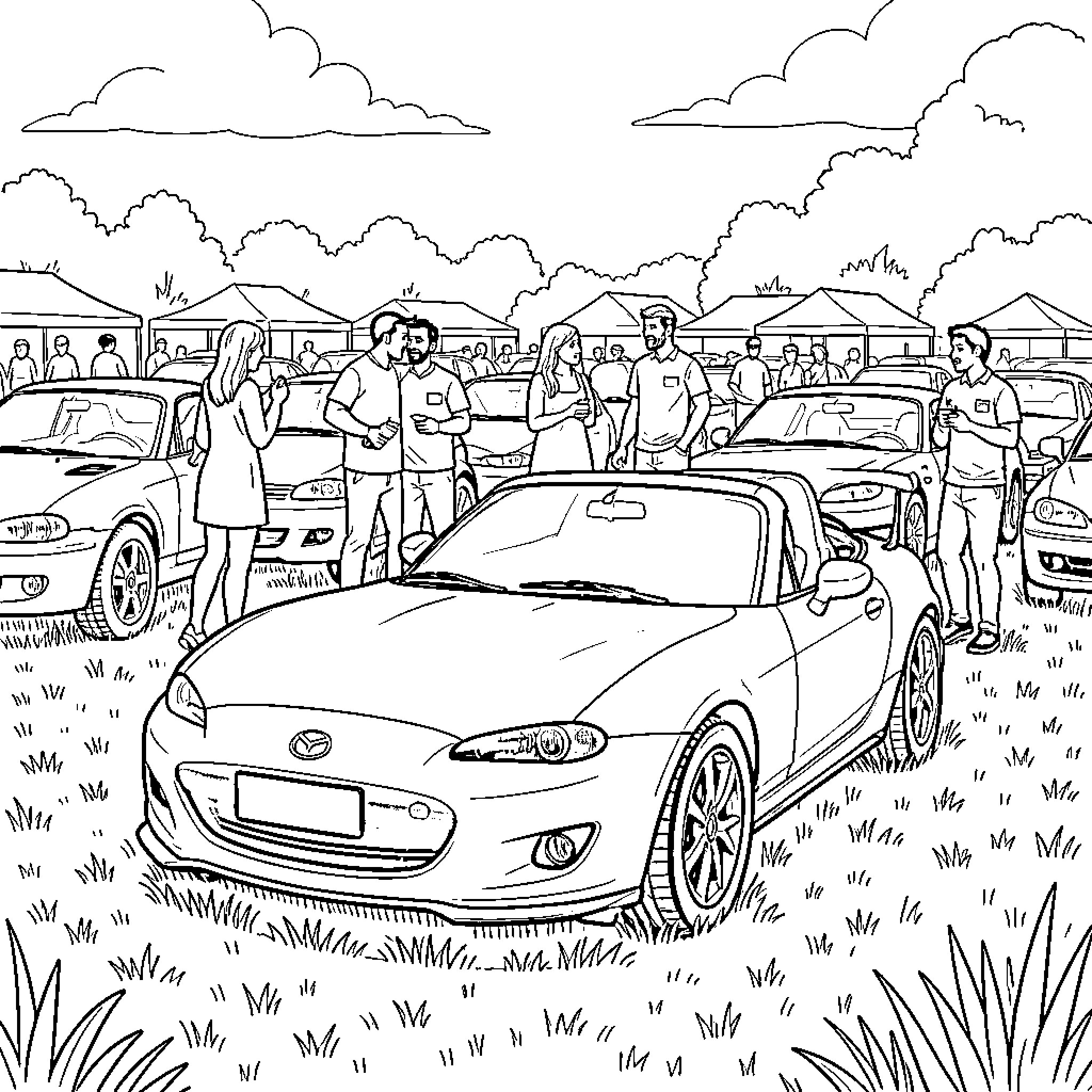 Mazda Miata at a car show with people Coloring Page (free black-and-white line drawing printable PDF for all, from beginners to advanced learners, including children, teens, adults, and seniors)