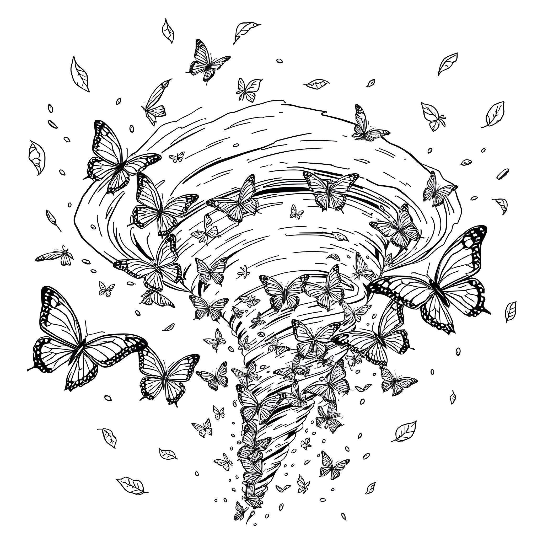 Butterfly Tornado Filled with Fluttering Butterflies Coloring Page (free black-and-white line drawing printable PDF for all, from beginners to advanced learners, including children, teens, adults, and seniors)