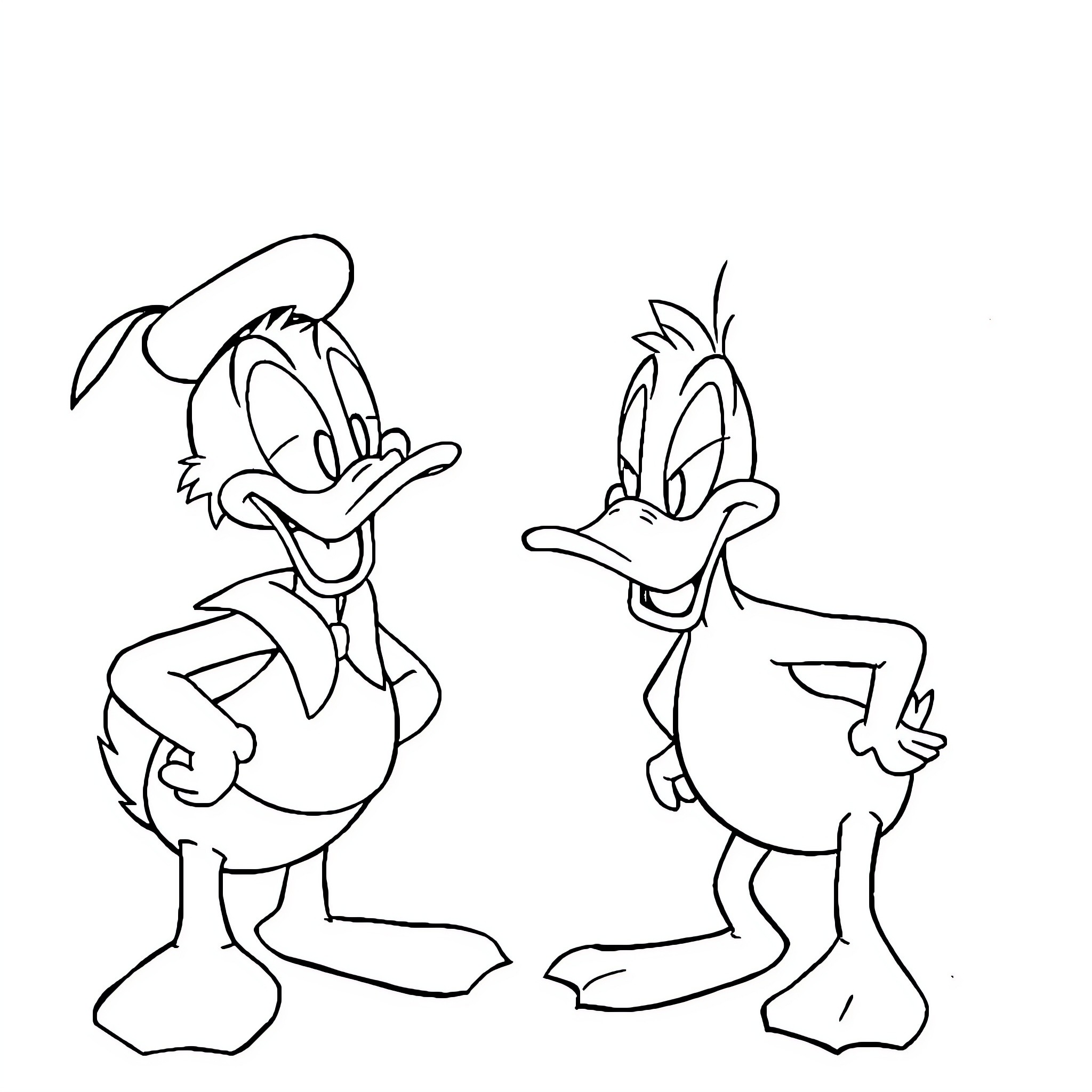 Donald Duck and Daffy Duck in cartoon-style poses Coloring Page (free black-and-white line drawing printable PDF for all, from beginners to advanced learners, including children, teens, adults, and seniors)