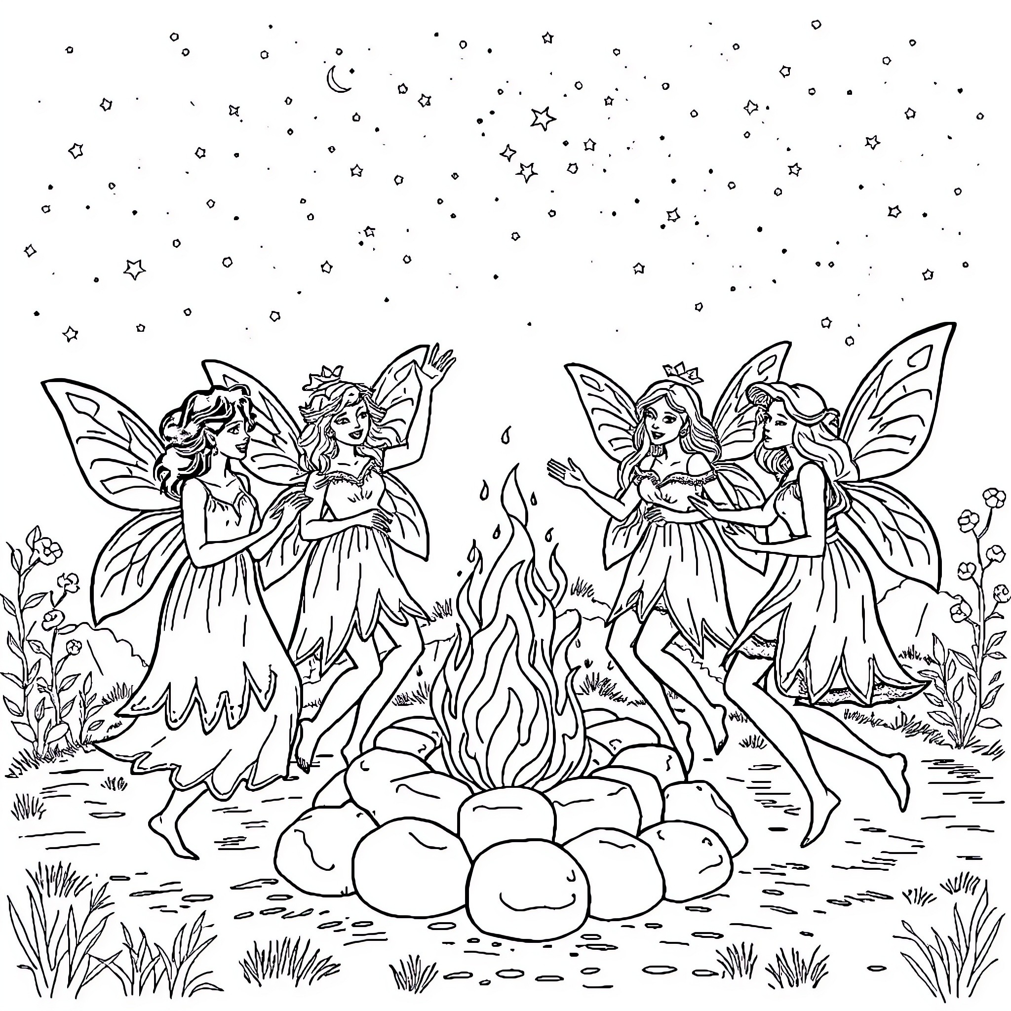 Fairy Spirits Celebrating Around a Campfire Coloring Page (free black-and-white line drawing printable PDF for all, from beginners to advanced learners, including children, teens, adults, and seniors)