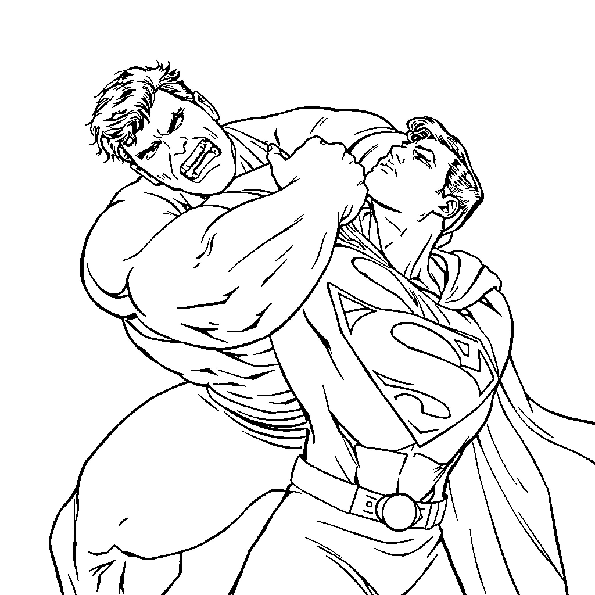 Hulk battling heroically against a powerful foe Coloring Page (free black-and-white line drawing printable PDF for all, from beginners to advanced learners, including children, teens, adults, and seniors)