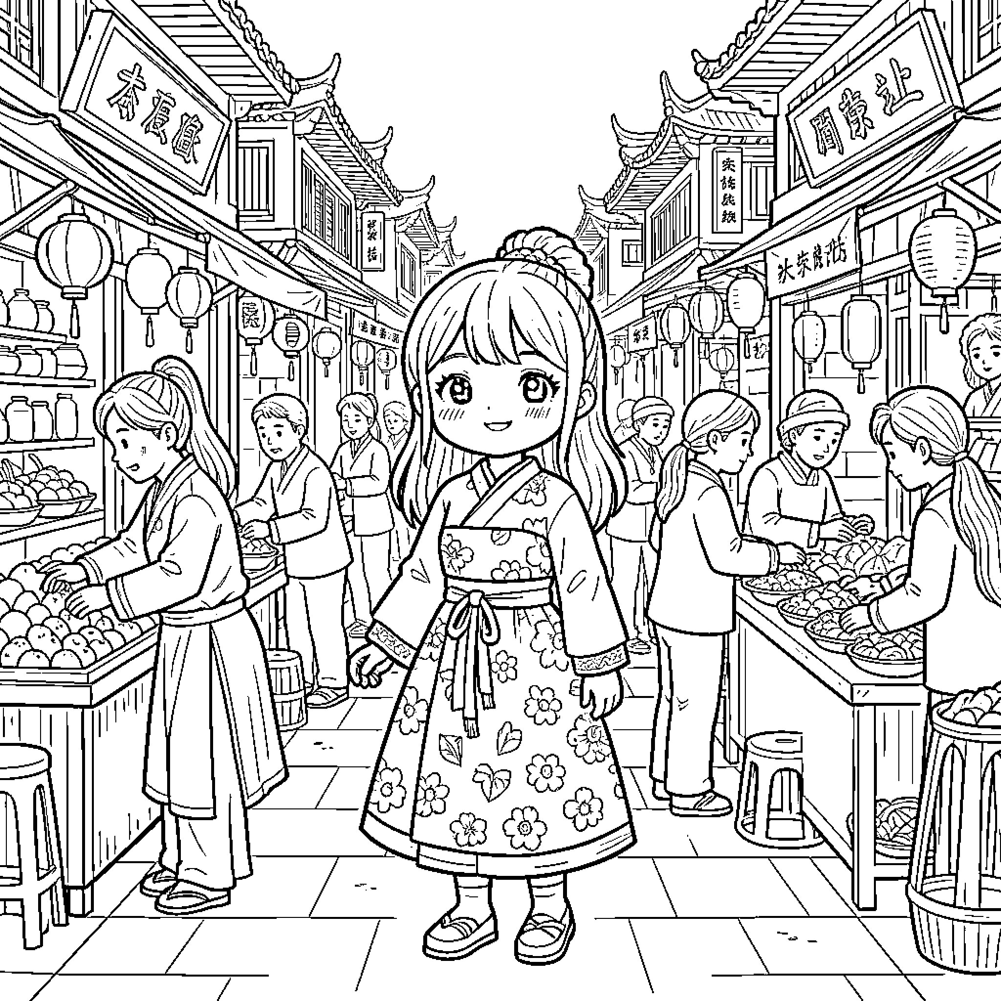 Girl exploring vibrant Asian marketplace in traditional outfit Coloring Page (free black-and-white line drawing printable PDF for all, from beginners to advanced learners, including children, teens, adults, and seniors)