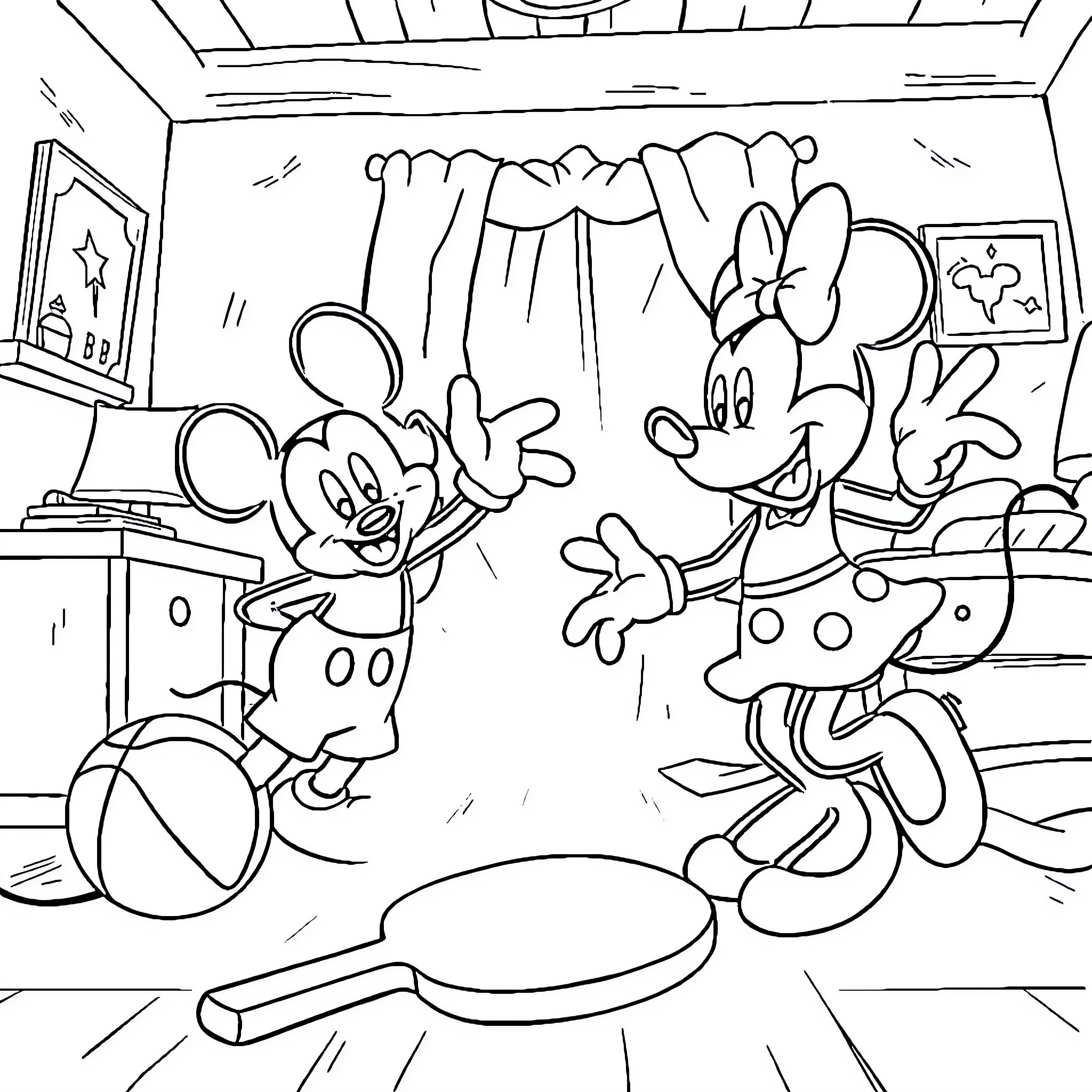 Mickey Mouse and Minnie Mouse having fun together at home Coloring Page (free black-and-white line drawing printable PDF for all, from beginners to advanced learners, including children, teens, adults, and seniors)