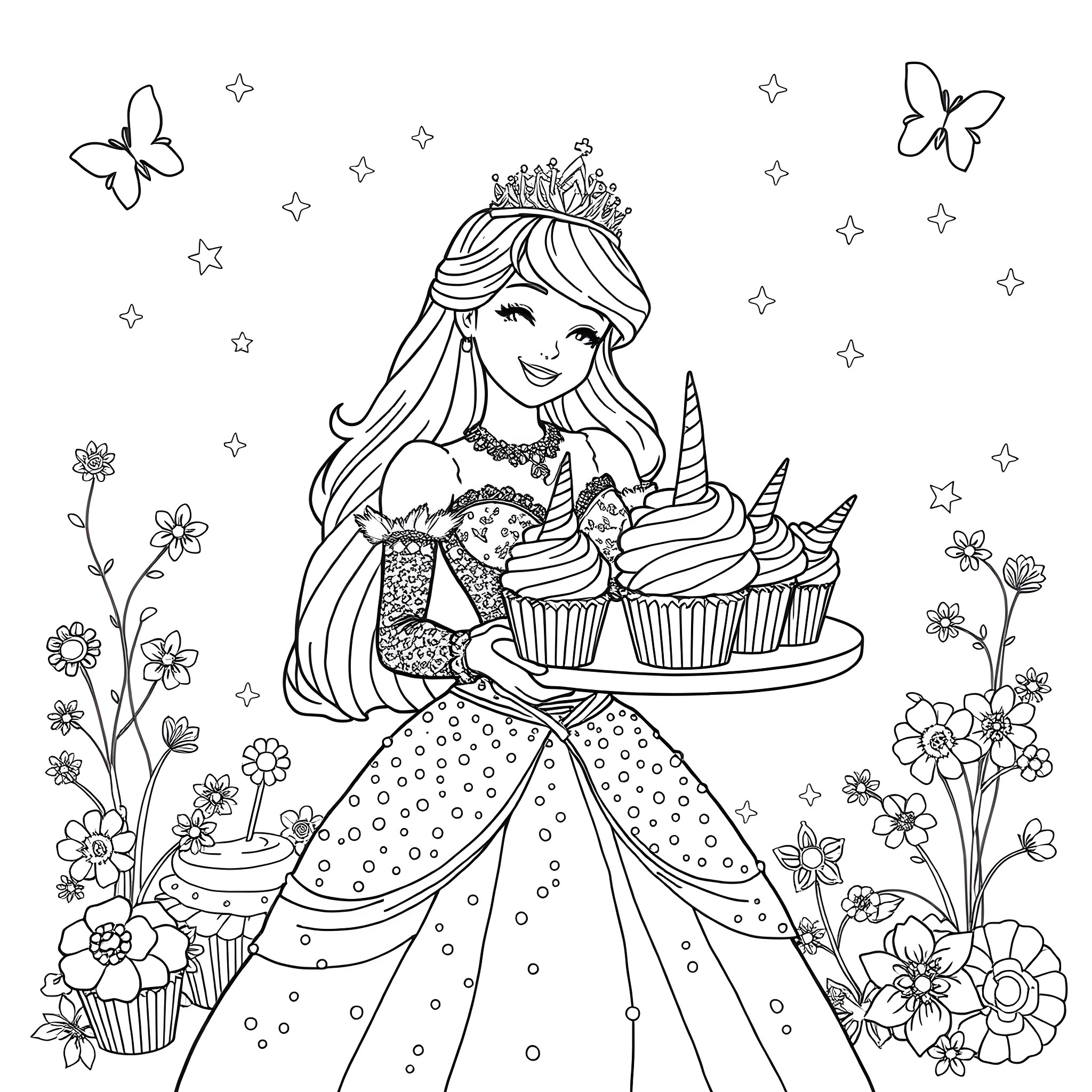 Unicorn Princess with Cupcakes and Butterflies Coloring Page (free black-and-white line drawing printable PDF for all, from beginners to advanced learners, including children, teens, adults, and seniors)