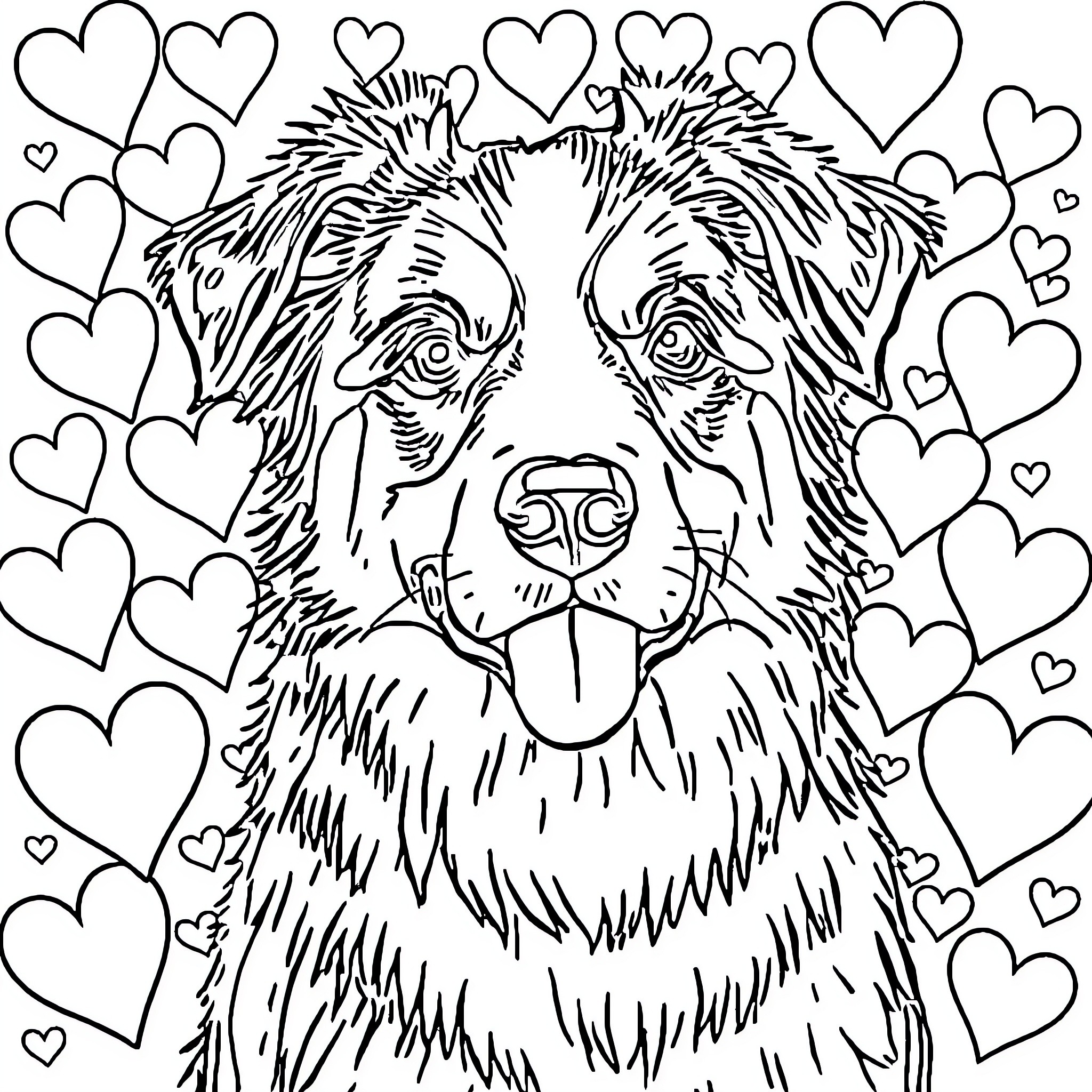 Australian Shepherd surrounded by joyful hearts Coloring Page (free black-and-white line drawing printable PDF for all, from beginners to advanced learners, including children, teens, adults, and seniors)