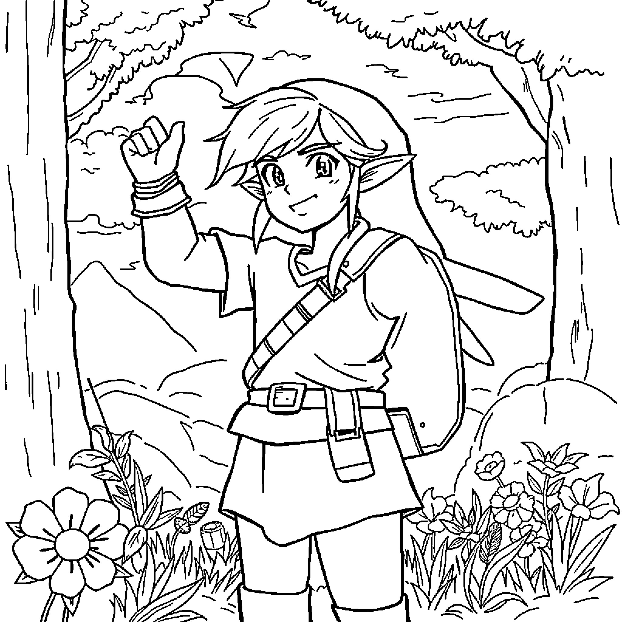 Link exploring the enchanted forest Coloring Page (free black-and-white line drawing printable PDF for all, from beginners to advanced learners, including children, teens, adults, and seniors)