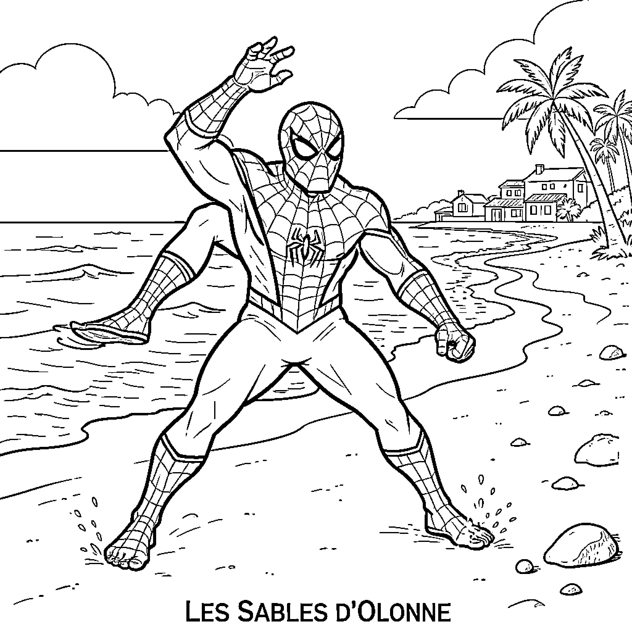Spider-Man poses heroically on the beach Coloring Page (free black-and-white line drawing printable PDF for all, from beginners to advanced learners, including children, teens, adults, and seniors)