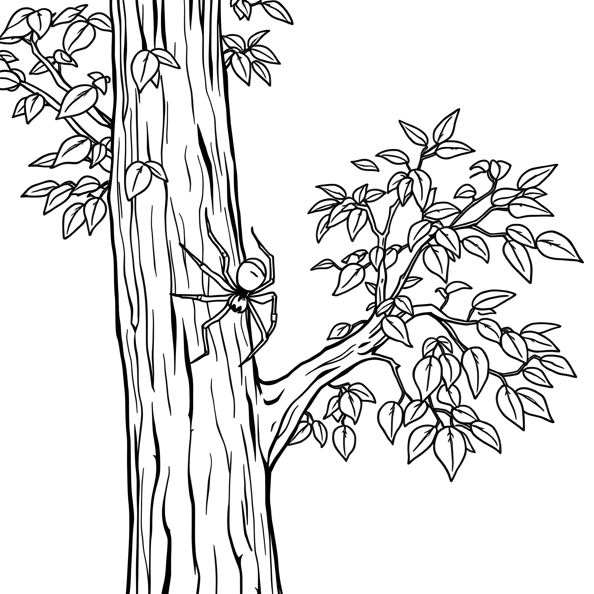 Spider climbing on tree with leafy branches Coloring Page (free black-and-white line drawing printable PDF for all, from beginners to advanced learners, including children, teens, adults, and seniors)