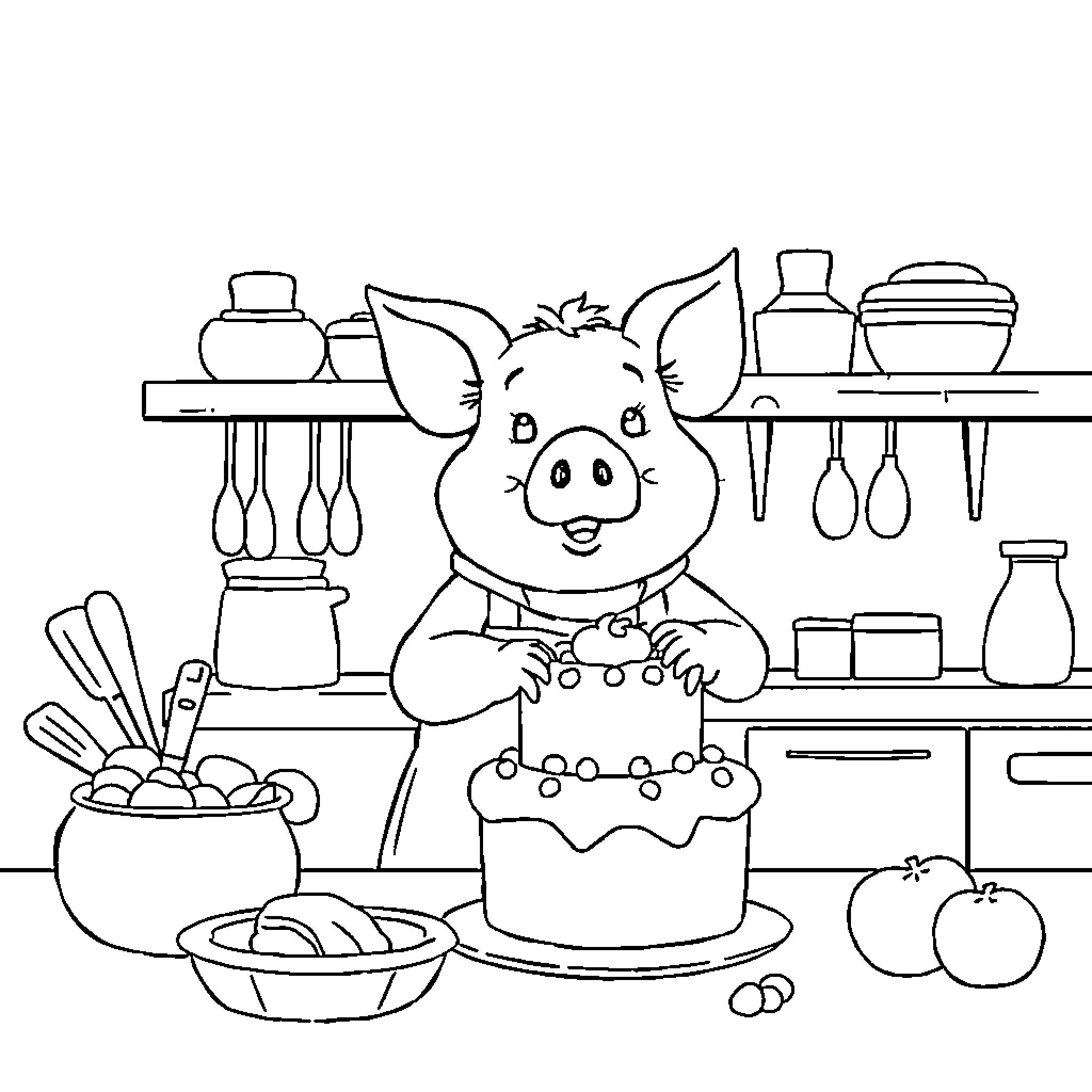 Piglet baking a cake in the kitchen Coloring Page (free black-and-white line drawing printable PDF for all, from beginners to advanced learners, including children, teens, adults, and seniors)