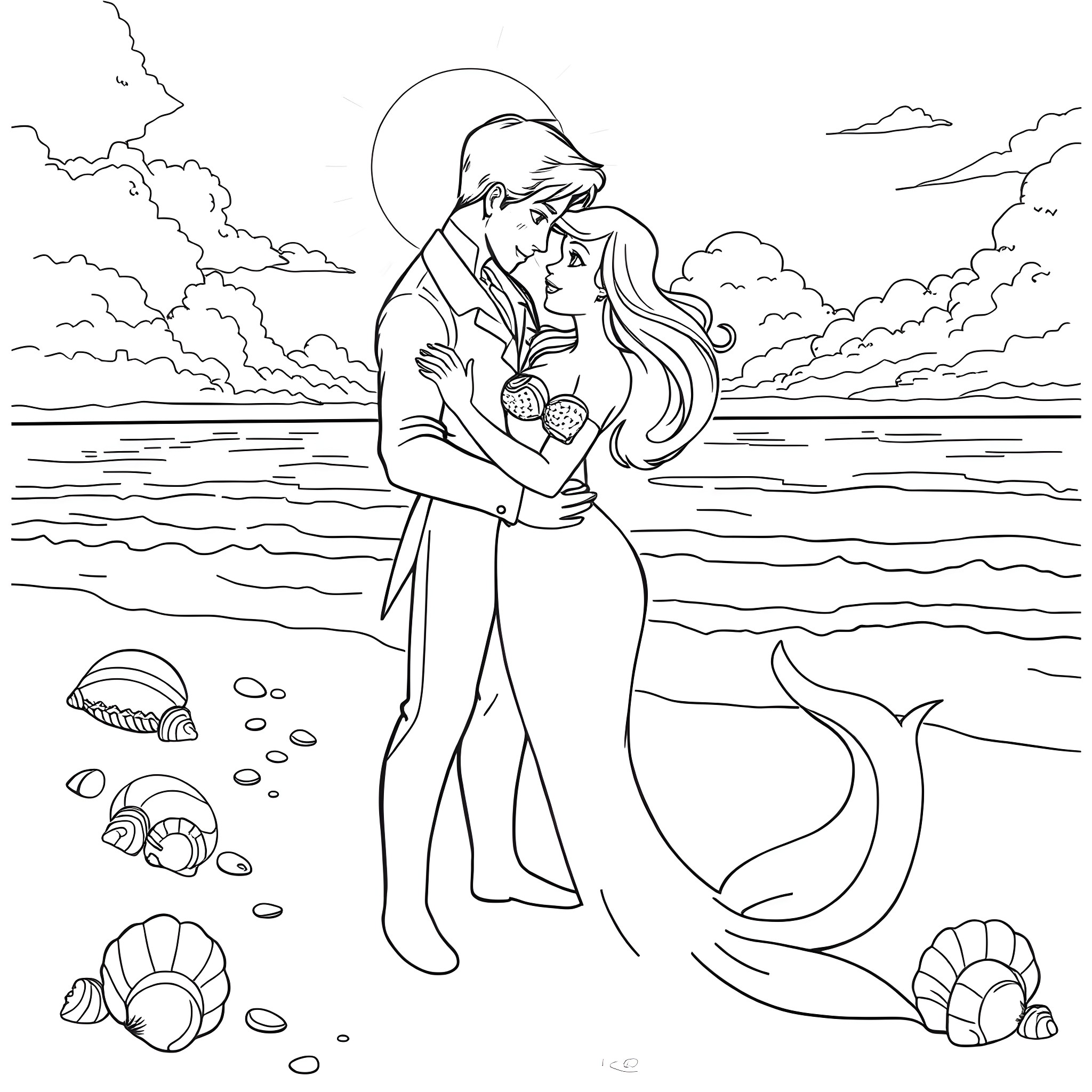 Ariel embracing her love on the beach Coloring Page (free black-and-white line drawing printable PDF for all, from beginners to advanced learners, including children, teens, adults, and seniors)