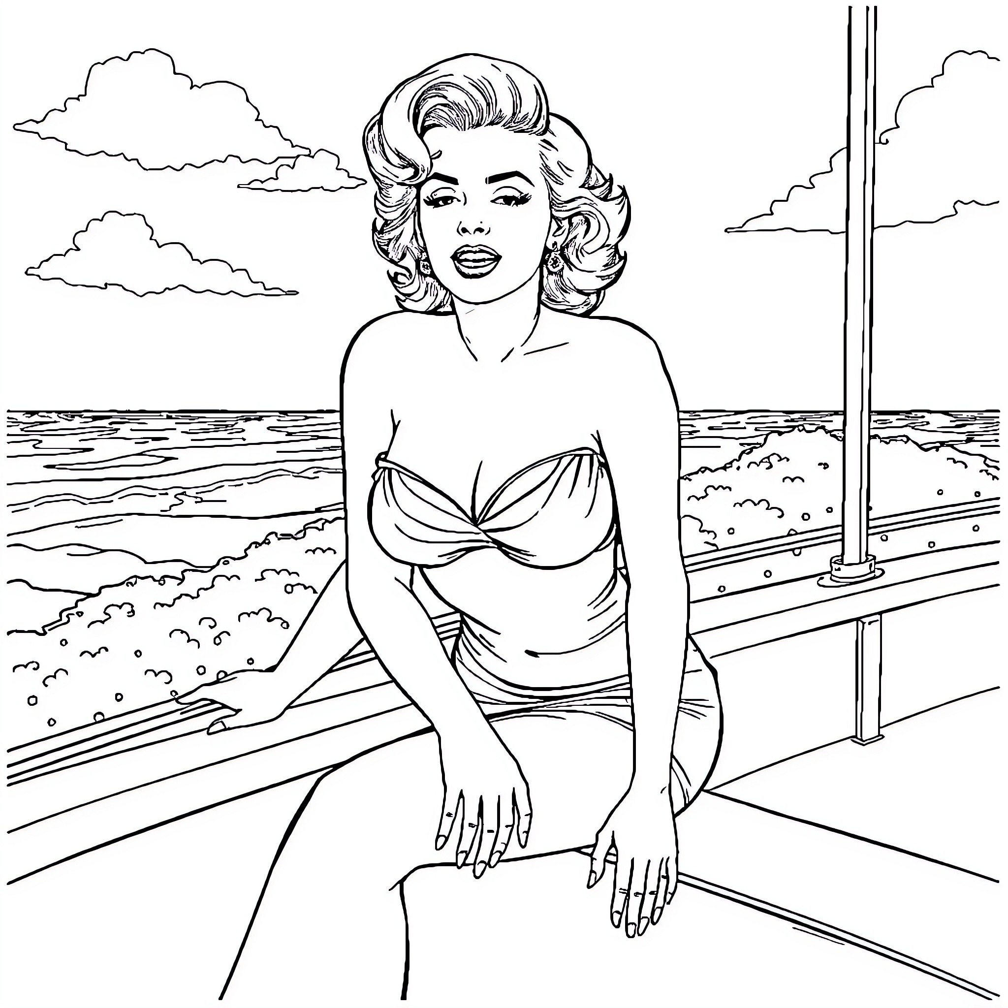 Marilyn Monroe relaxing at the beach Coloring Page (free black-and-white line drawing printable PDF for all, from beginners to advanced learners, including children, teens, adults, and seniors)