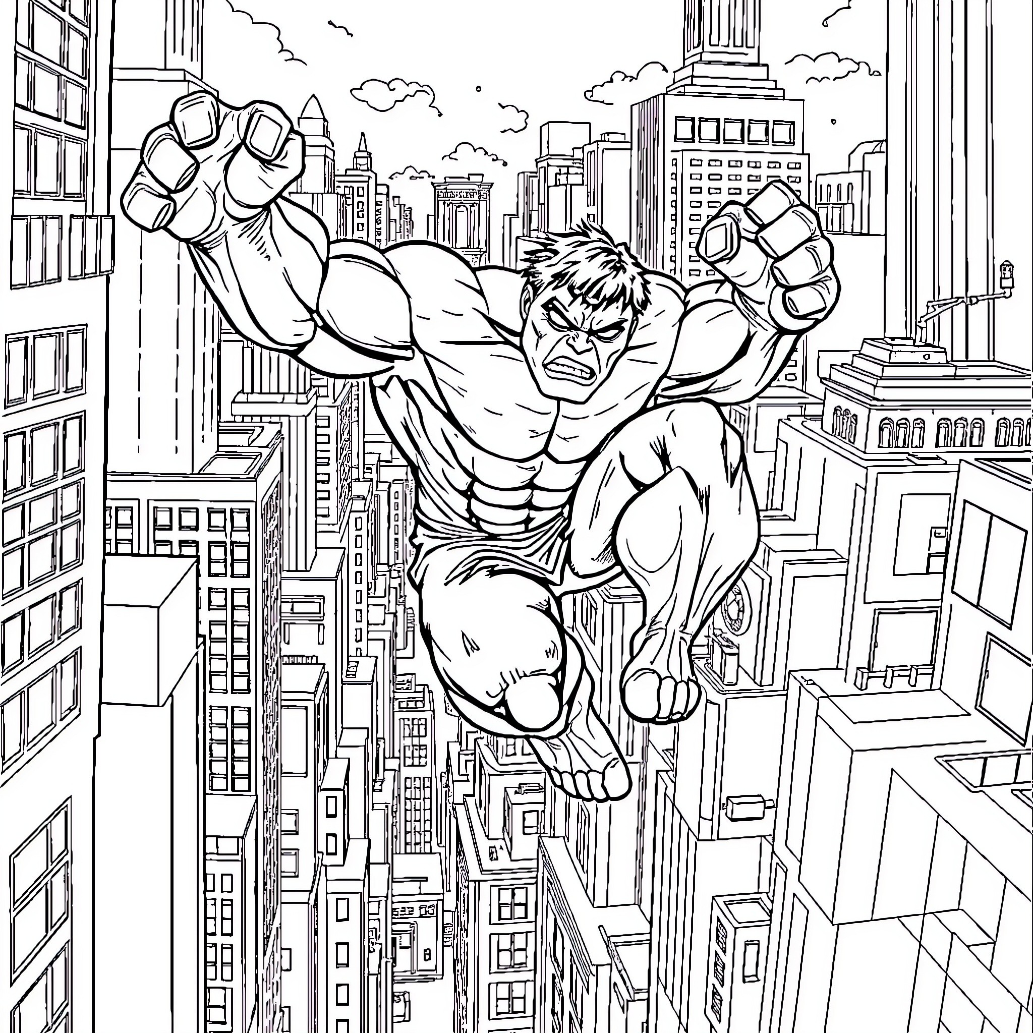 Hulk Leaping over Cityscape Coloring Page (free black-and-white line drawing printable PDF for all, from beginners to advanced learners, including children, teens, adults, and seniors)