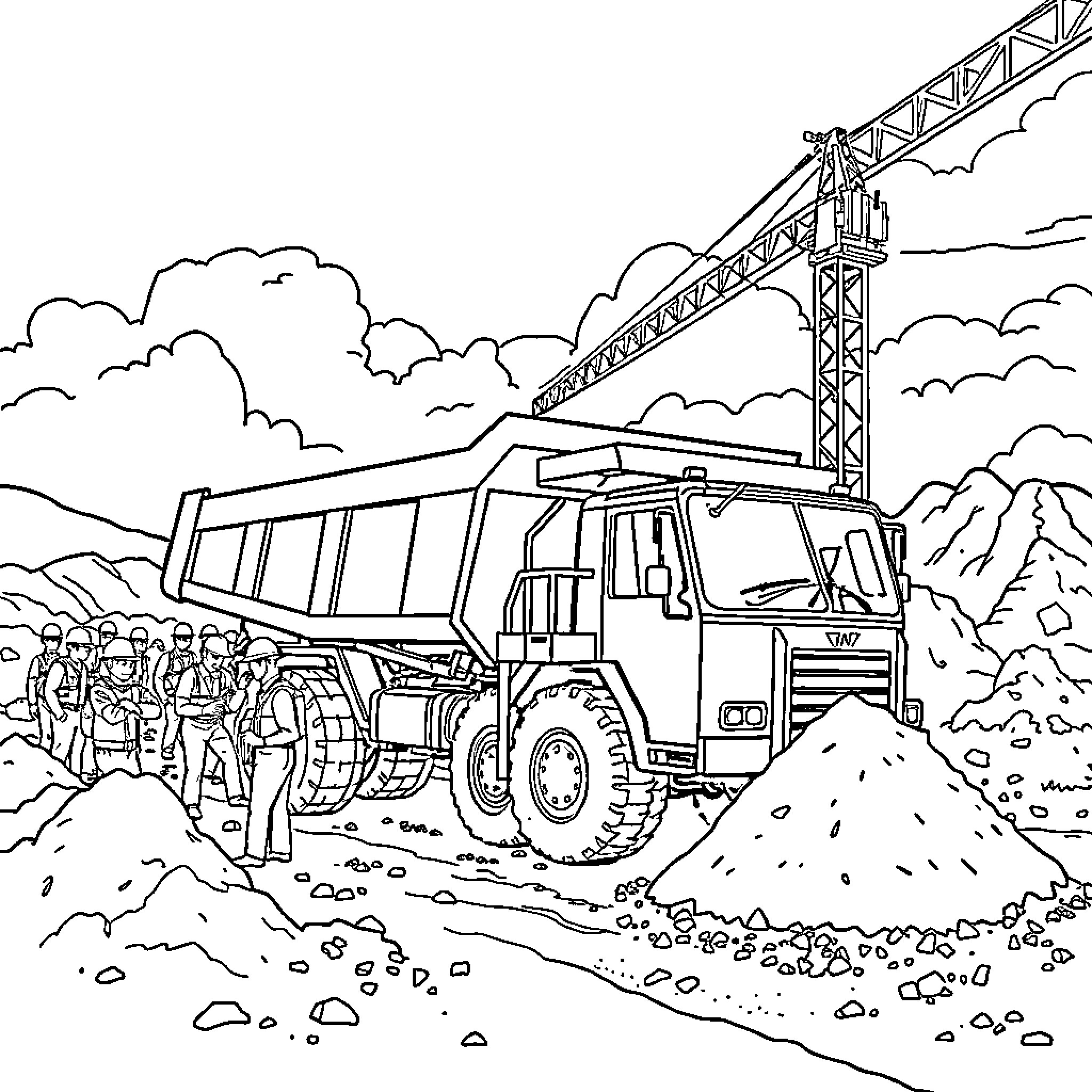 Dump Truck transporting materials at construction site Coloring Page (free black-and-white line drawing printable PDF for all, from beginners to advanced learners, including children, teens, adults, and seniors)
