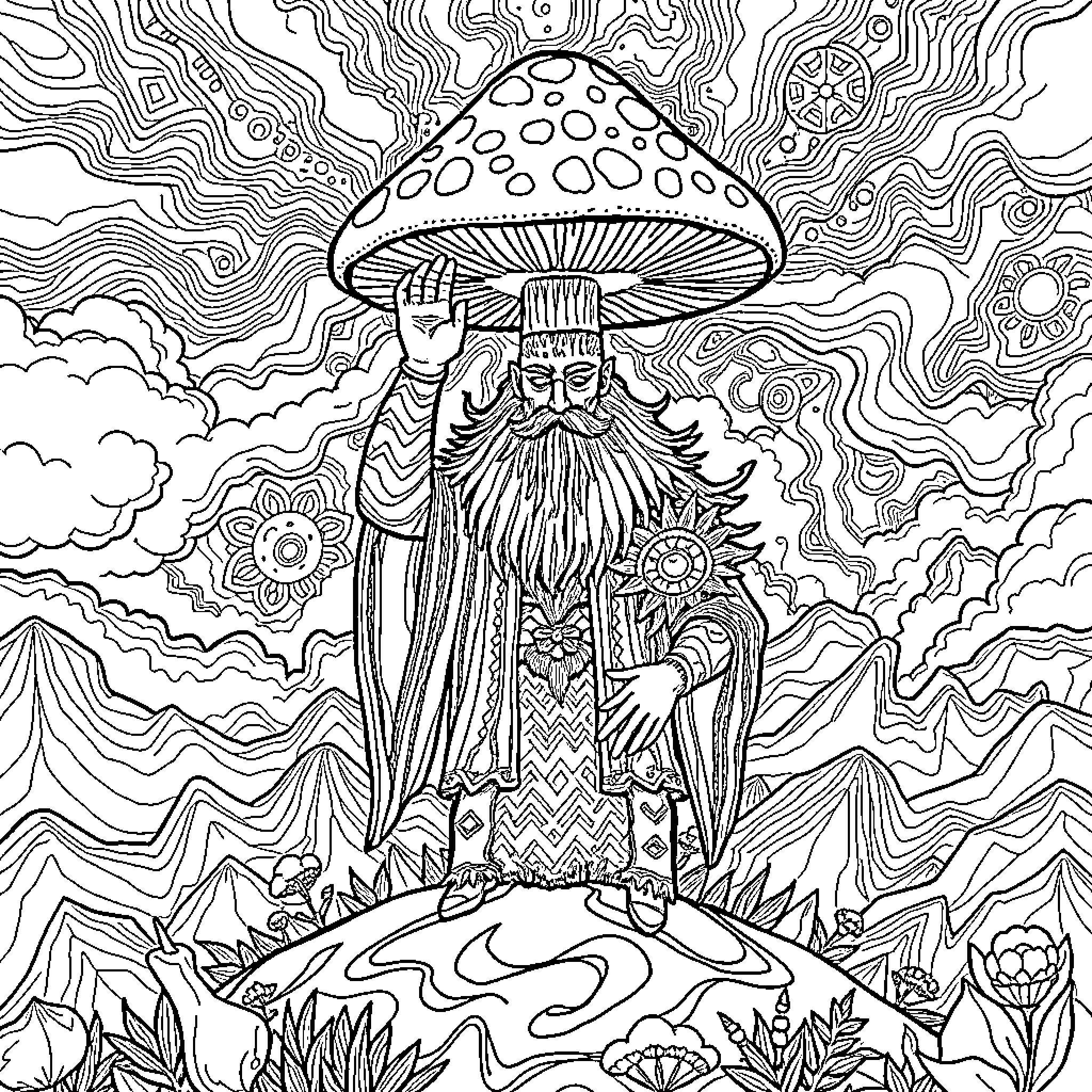 God's Mystical Mushroom Encounter Coloring Page (free black-and-white line drawing printable PDF for all, from beginners to advanced learners, including children, teens, adults, and seniors)