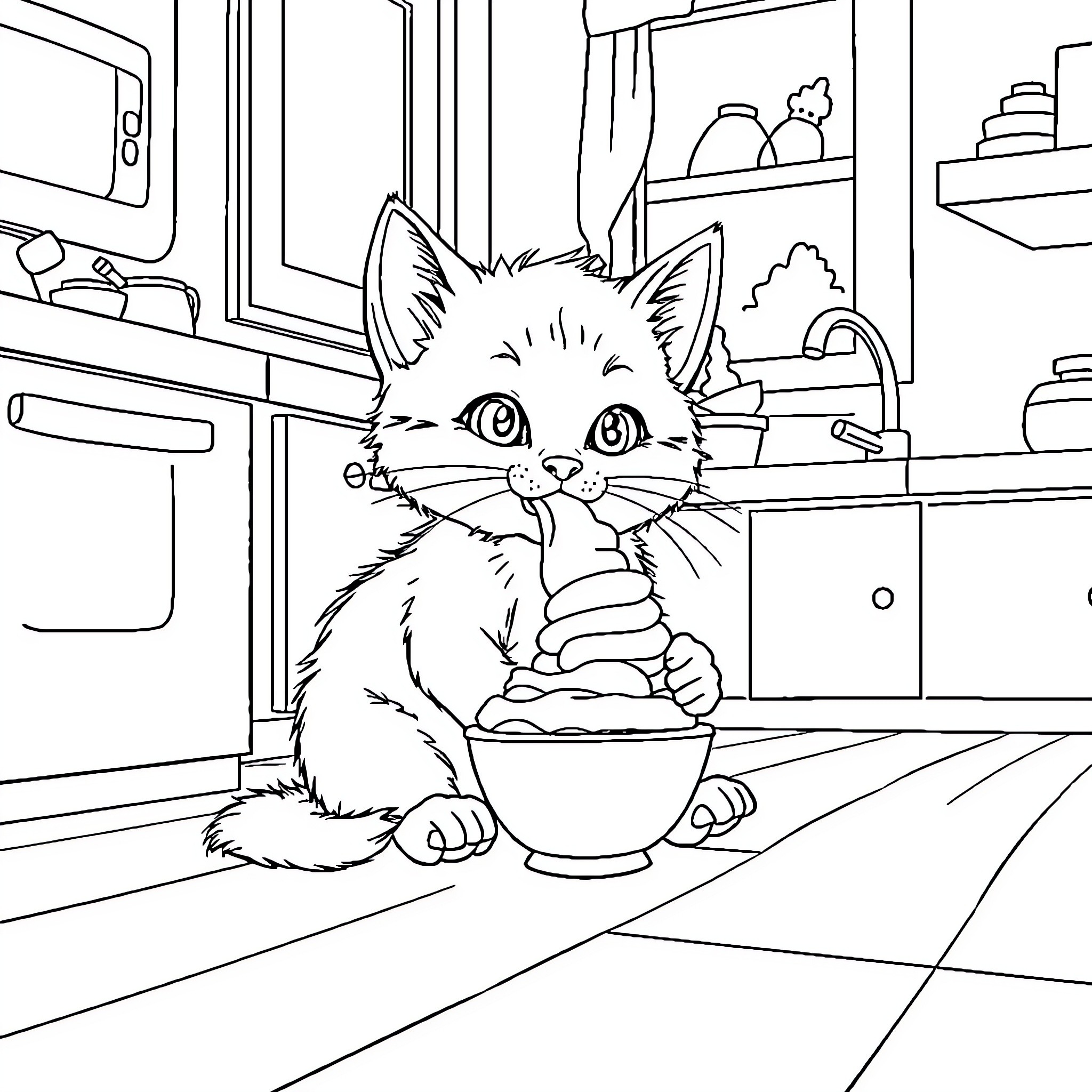 Kitten enjoying a snack in the kitchen Coloring Page (free black-and-white line drawing printable PDF for all, from beginners to advanced learners, including children, teens, adults, and seniors)