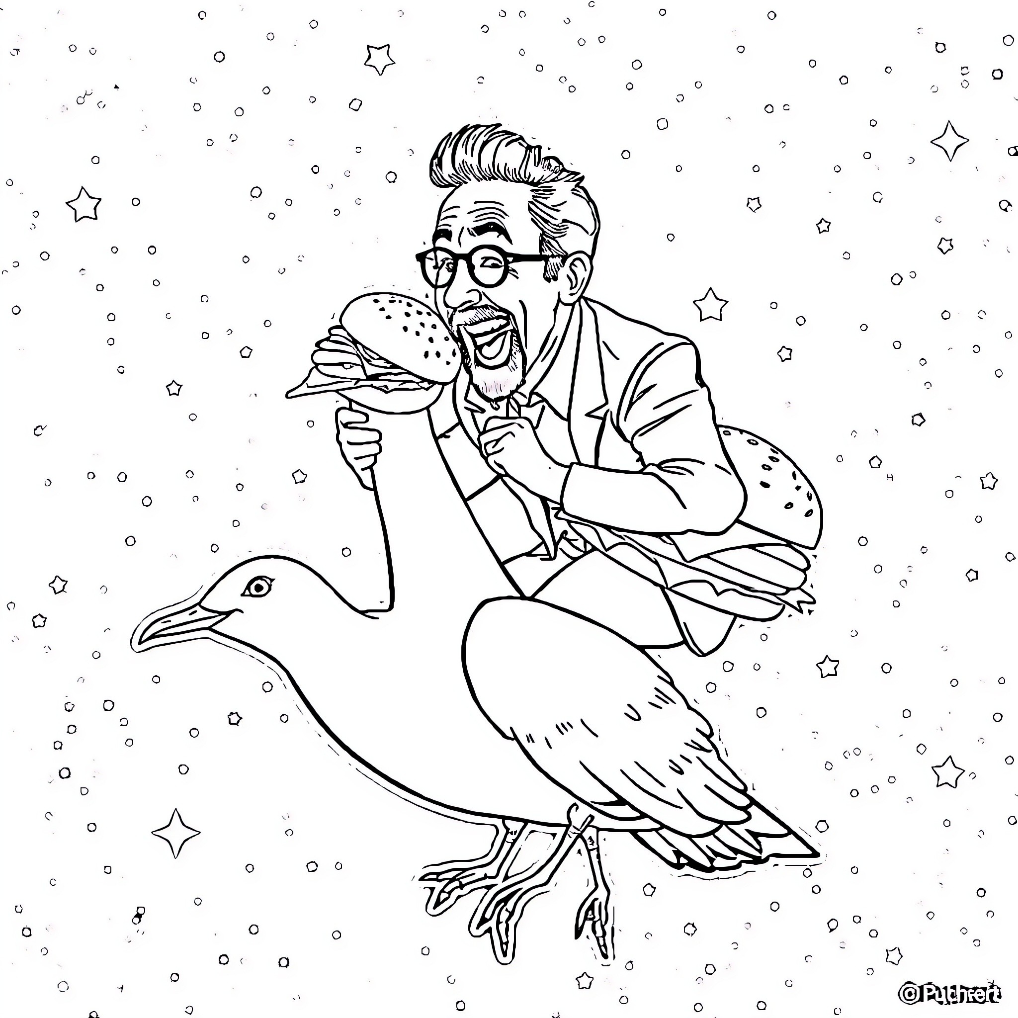 Nicolas Cage Eating an Outrageous Burger on a Surreal Penguin Coloring Page (free black-and-white line drawing printable PDF for all, from beginners to advanced learners, including children, teens, adults, and seniors)