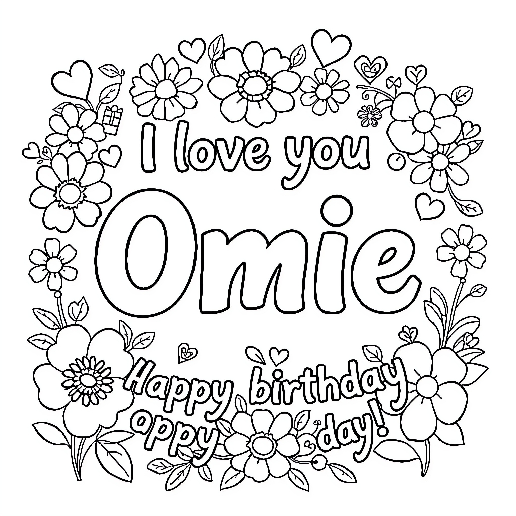 Birthday greetings with floral design Coloring Page (free black-and-white line drawing printable PDF for all, from beginners to advanced learners, including children, teens, adults, and seniors)