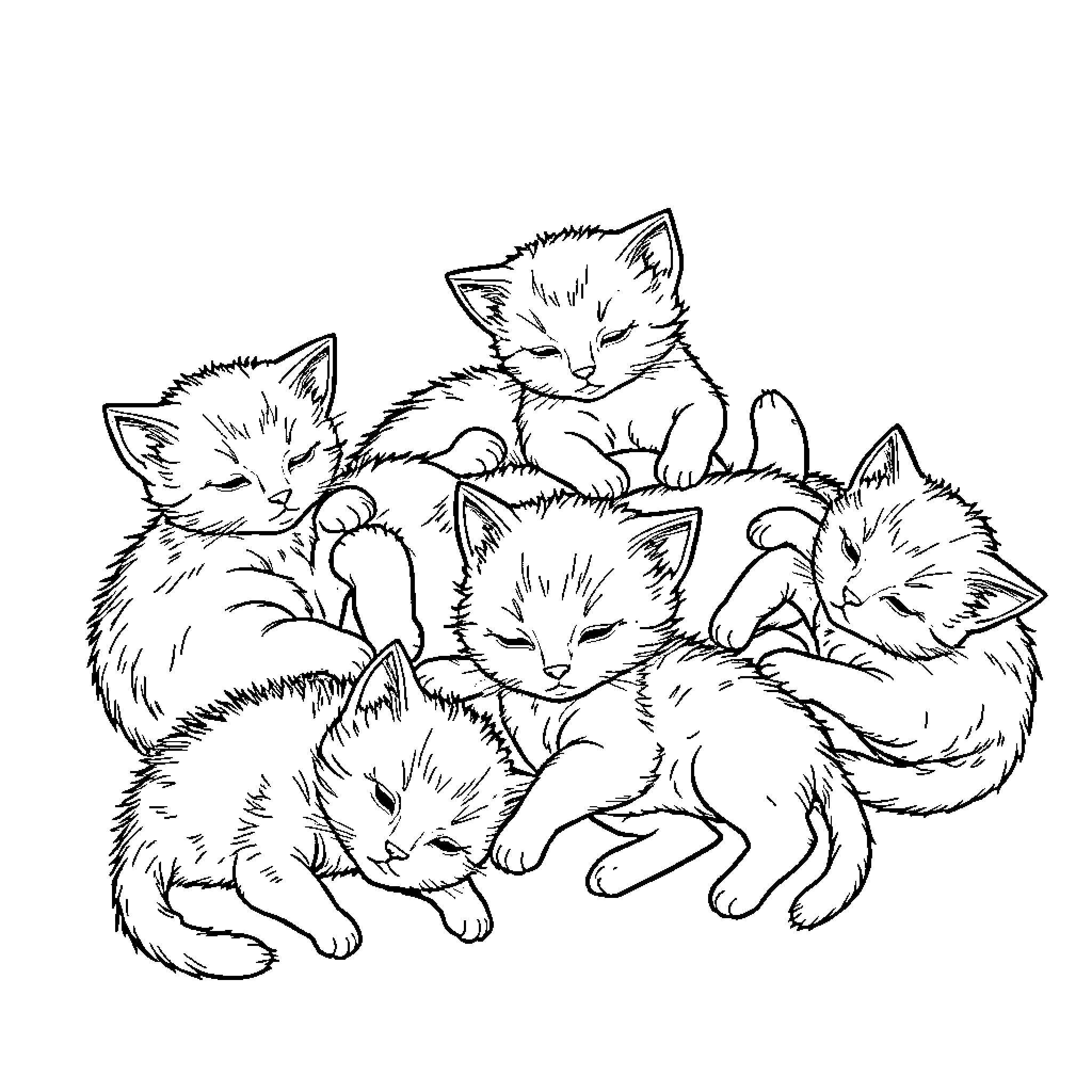 Kittens playing together in a cozy group Coloring Page (free black-and-white line drawing printable PDF for all, from beginners to advanced learners, including children, teens, adults, and seniors)