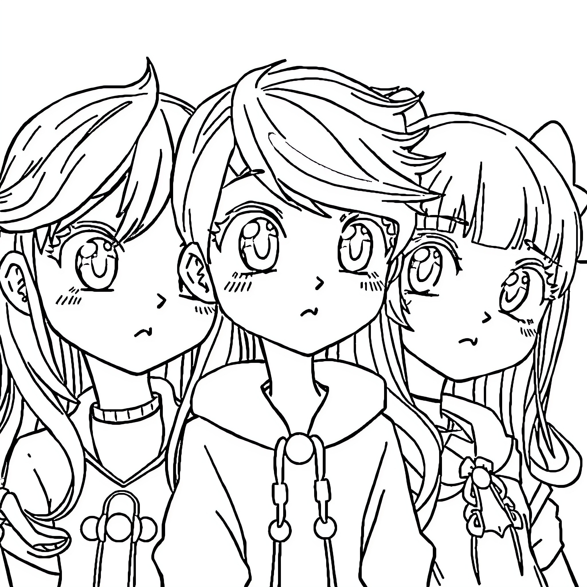 Anime characters in casual school outfits Coloring Page (free black-and-white line drawing printable PDF for all, from beginners to advanced learners, including children, teens, adults, and seniors)