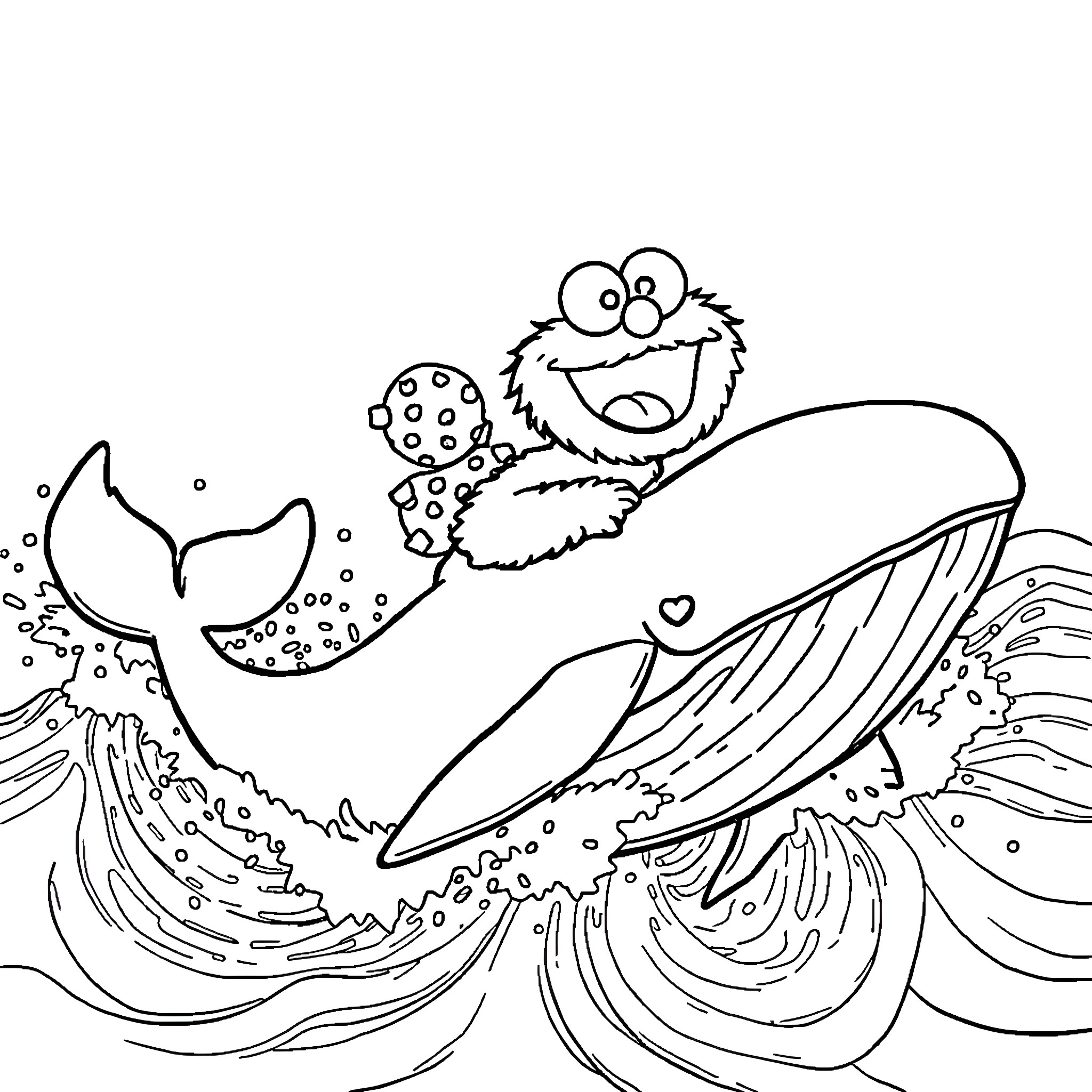 Cookie Monster surfs through the waves Coloring Page (free black-and-white line drawing printable PDF for all, from beginners to advanced learners, including children, teens, adults, and seniors)